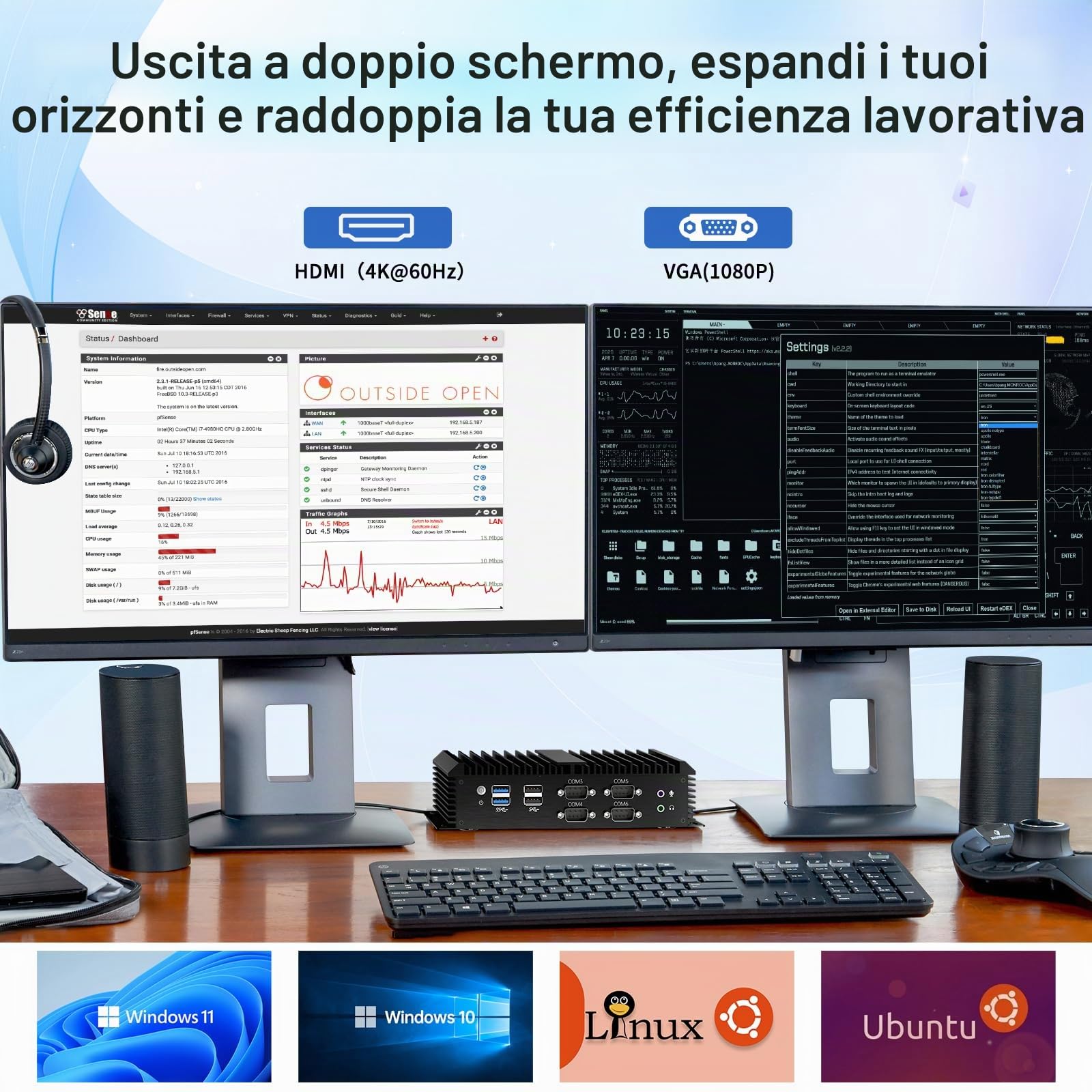 Mini PC Industriale, Computer Desktop Senza Ventola Core i7-1165G7 2,8-4,7 GHz, Win-11 Pro, 32G DDR4, SSD 1T, VGA/HDMI 4K@60Hz, 2xLAN da 2,5 G, 6xCOM RS232, Slot per Modulo 4G, WiFi6/BT5.2