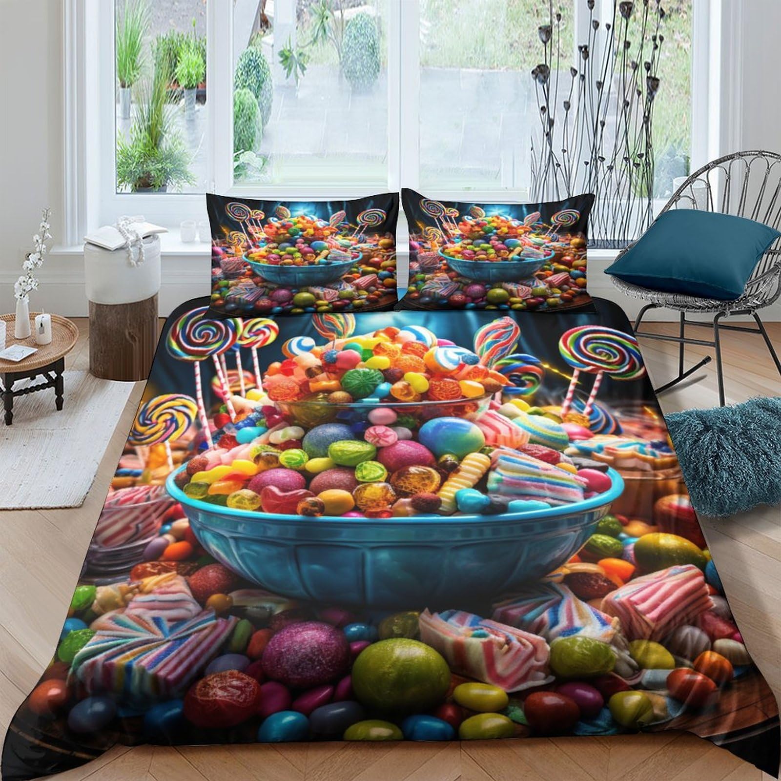 Parure de lit sucette housse de couette imprimé bonbons 3D 3 pièces 200x200cm