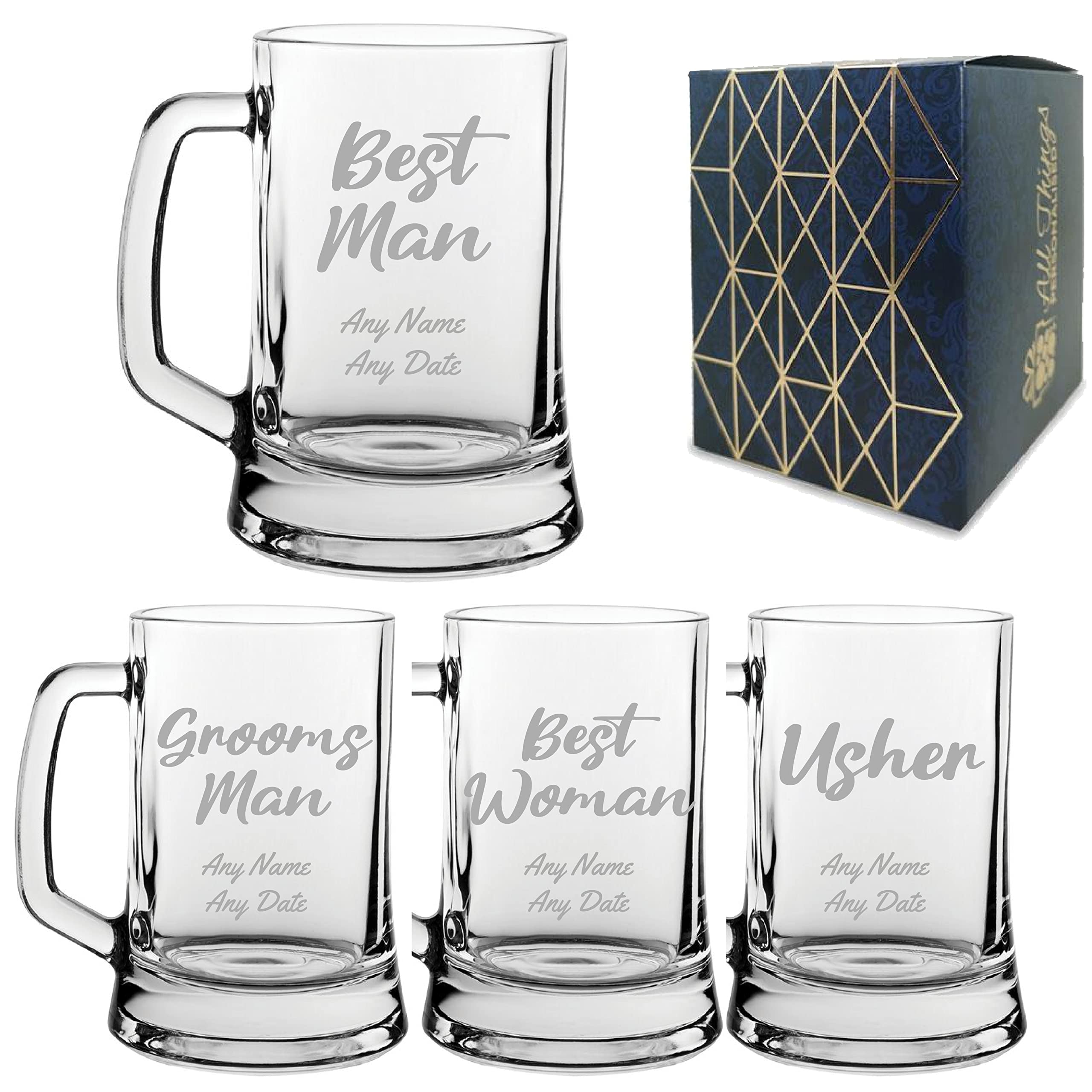 All Things PersonalisedPersonalised Engraved Wedding Guest Tankard Beer Mug, Best Man, Grooms Man, Best Woman, Maid of Honour, Chief Bridesmaid, Any Text, 16.7oz/495ml Glass Tankard, Script Font
