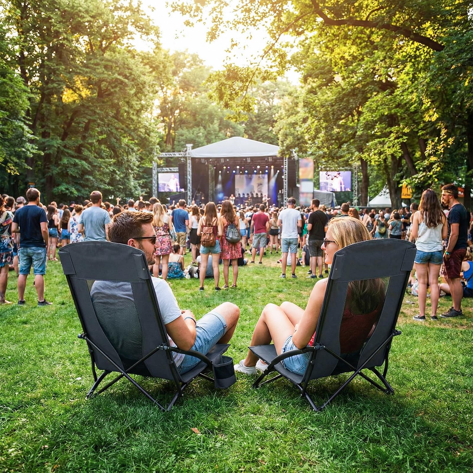 LIFERUN Krzesło plażowe, składane, 2-częściowy zestaw, wysokie oparcie, krzesło kempingowe, niskie krzesło plażowe z torbą do noszenia, uchwyt na napoje, oddychająca tkanina siatkowa, do aktywności na
