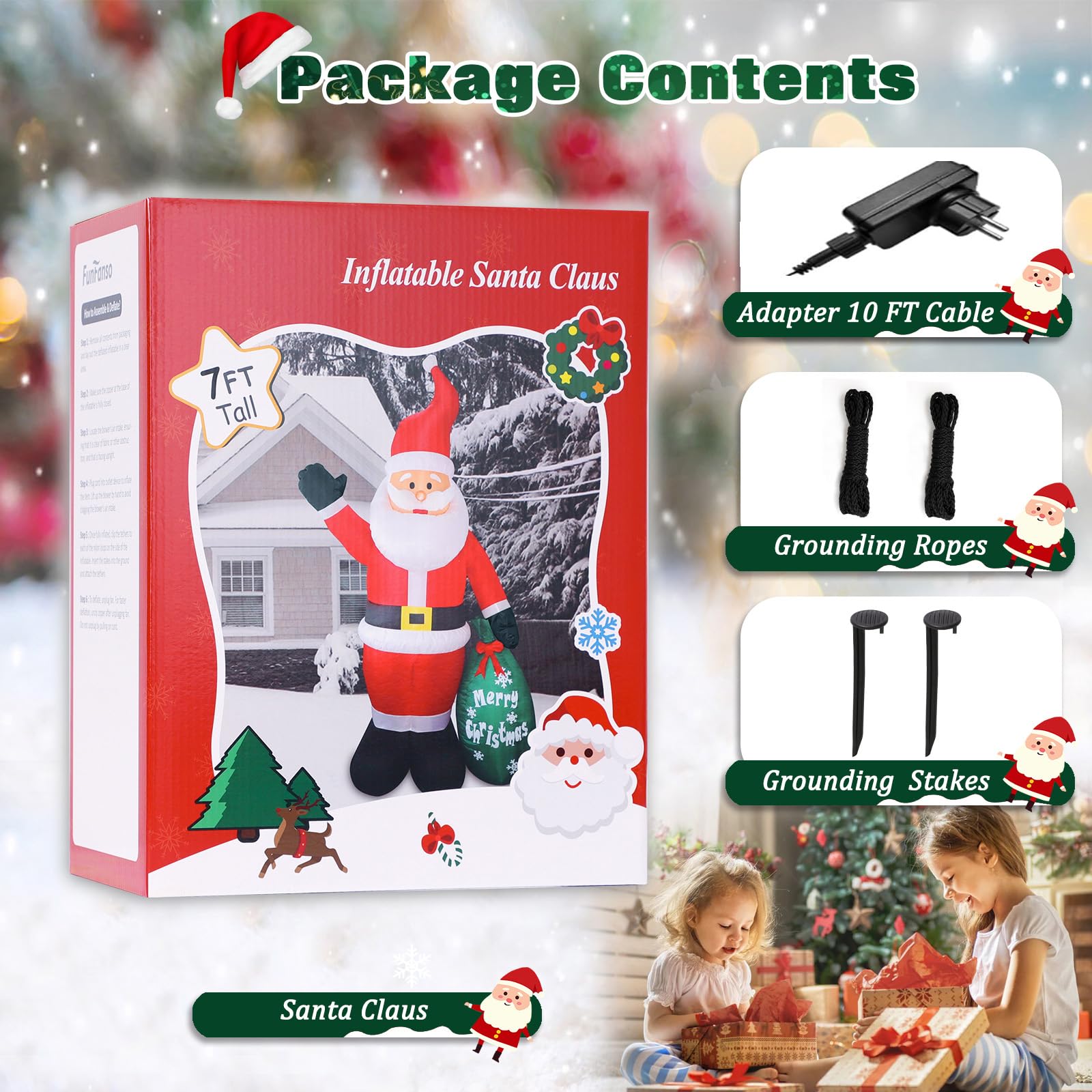 Omdekor 210CM Gonflable de Noël Décorations d'extérieur avec éclairage LED, Décoration Père avec Sac Vert, 7FT Décoration de Noël Gonflable Lumières LED Intégrées pour Jardin/Cour