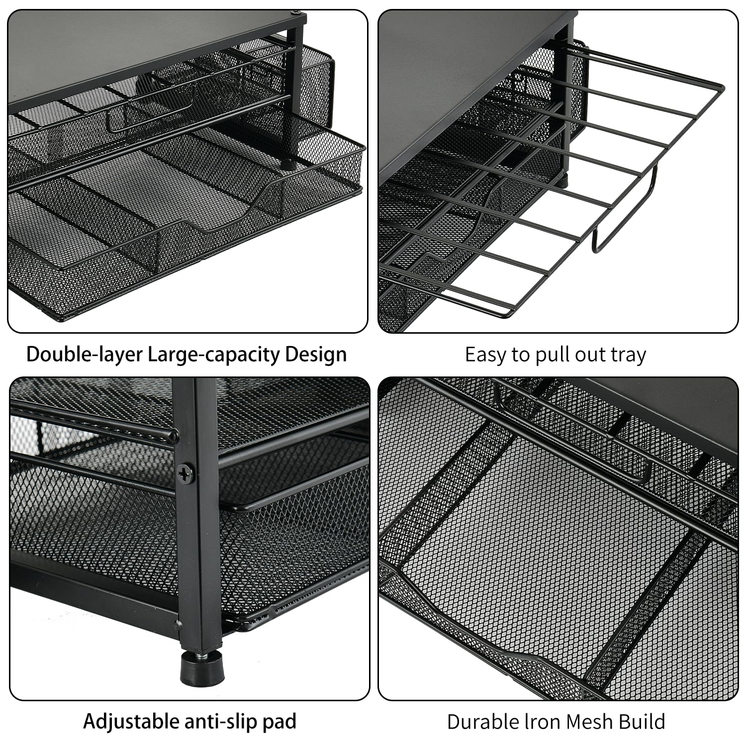 Spacrea Organizador de tazas K, soporte para cápsulas de café para mostrador con cajón de almacenamiento deslizante de 2 niveles, soporte para accesorios de barra de café, 63 cápsulas grandes u 80