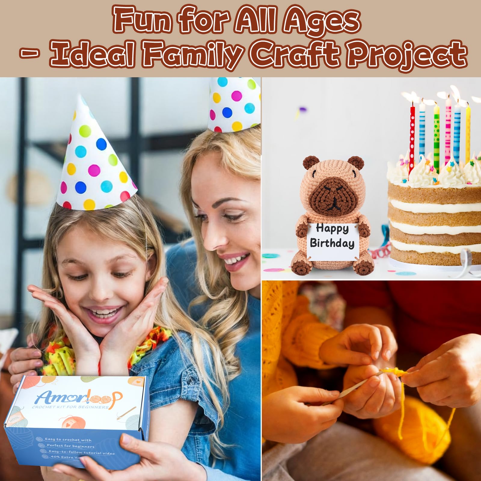 Kit de ganchillo para principiantes: bonito kit de animales de ganchillo Capybara con hilo fácil preiniciado, tutoriales en video paso a paso para adultos y niños, incluye tarjeta positiva para