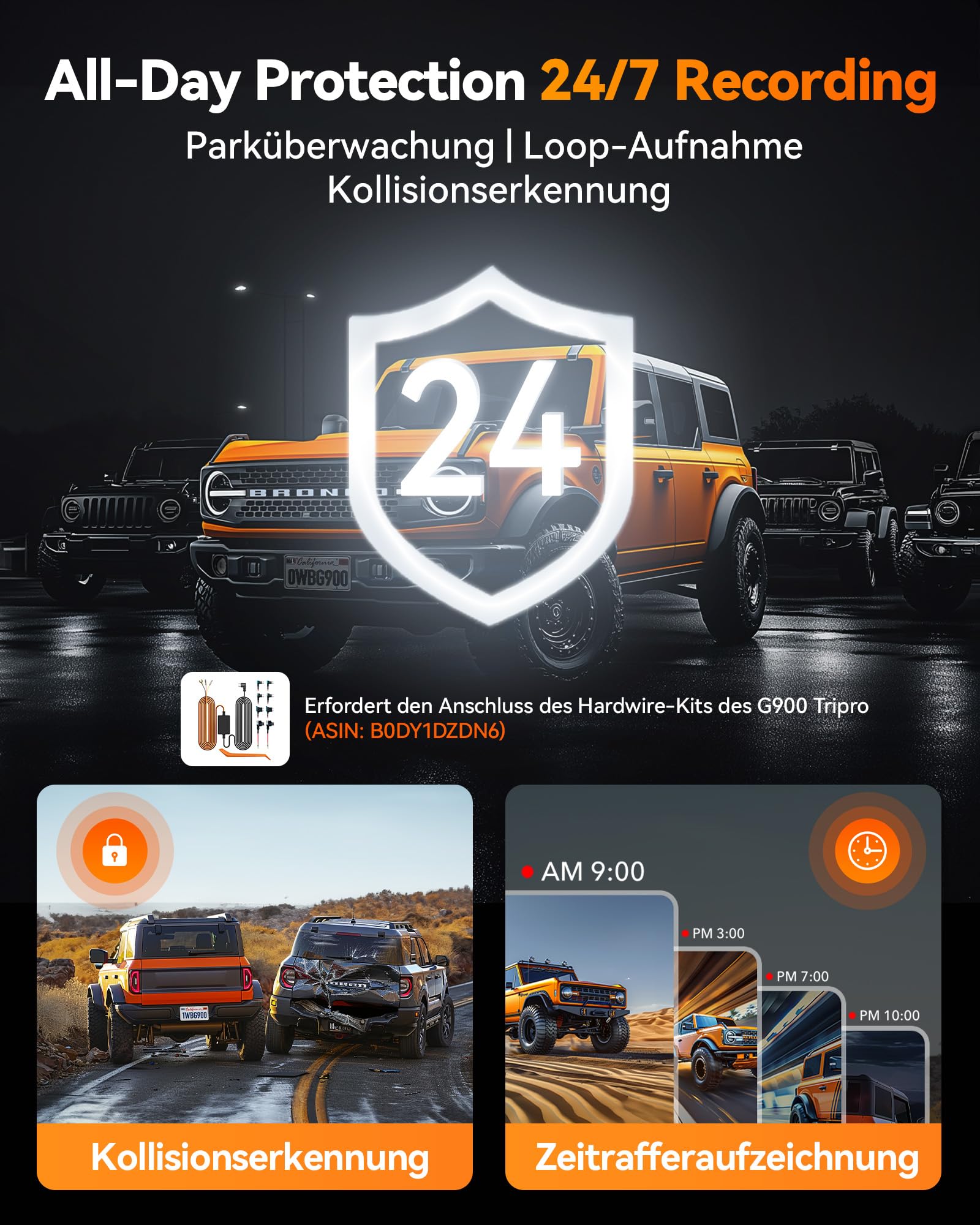 WOLFBOX G900Tripro Stoßstangen-Ausführung 3 Kanal 4K Rückfahrkamera Spiegel | 8MP STARVIS 2 IMX678, 4K+2.5K+1080P Dashcam Auto Vorne Hinten für Stoßstange, 5.8GHz WiFi, Sprachsteuerung, 256GB-Karte, GPS