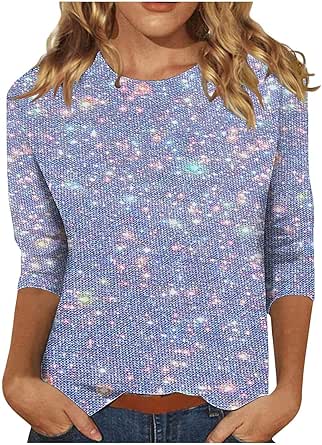 Sequin Tops for Women Party Night Sparkly 3/4 Sleeve Glitter Shirts