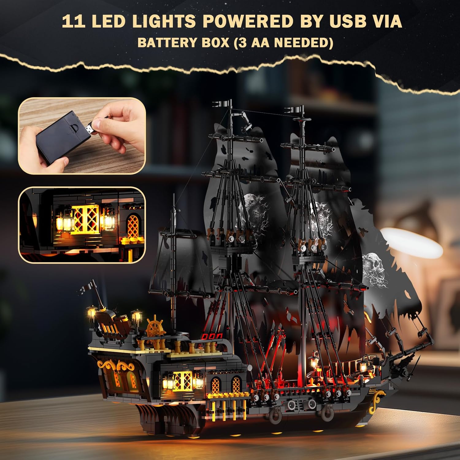Hand connecting a USB cable from the lighting kit to a battery box, with the JMBricklayer Pearl Pirate Ship Model Kit 40002 illuminated in the background.