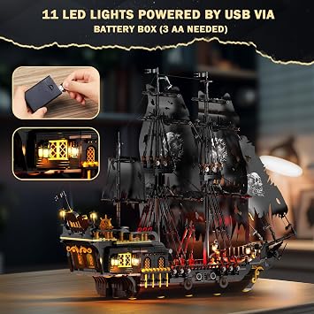 JMBricklayer Black Pirate Ship Model Building Set with Lights for Adults