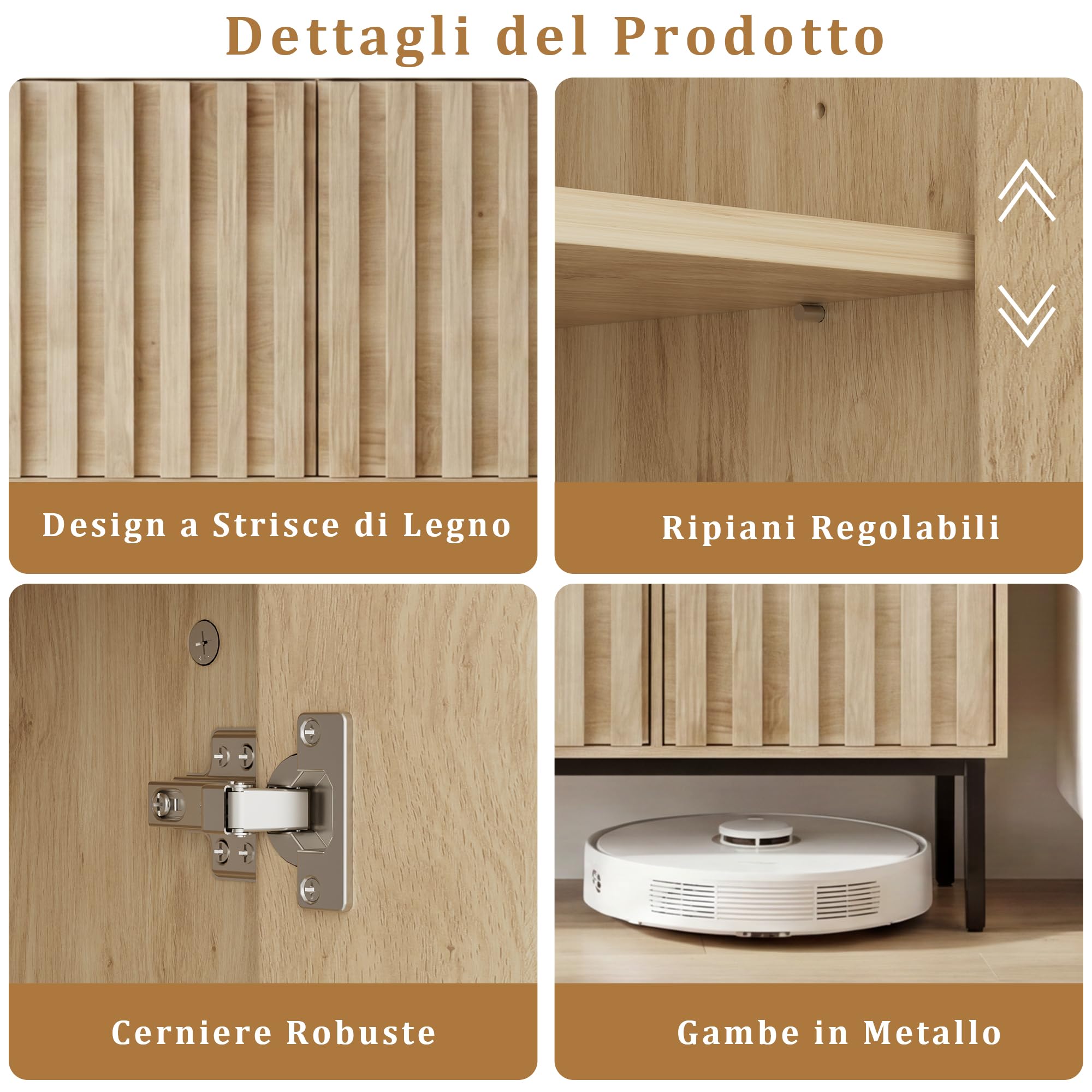 UEV Credenza Cucina con Luce LED a 3 Ante Design Strisce di Legno, Naturale | Armadietto con 3 Scomparti Aperti, Mobile Moderno con Ampio Piano di Lavoro, 105x40x80cm
