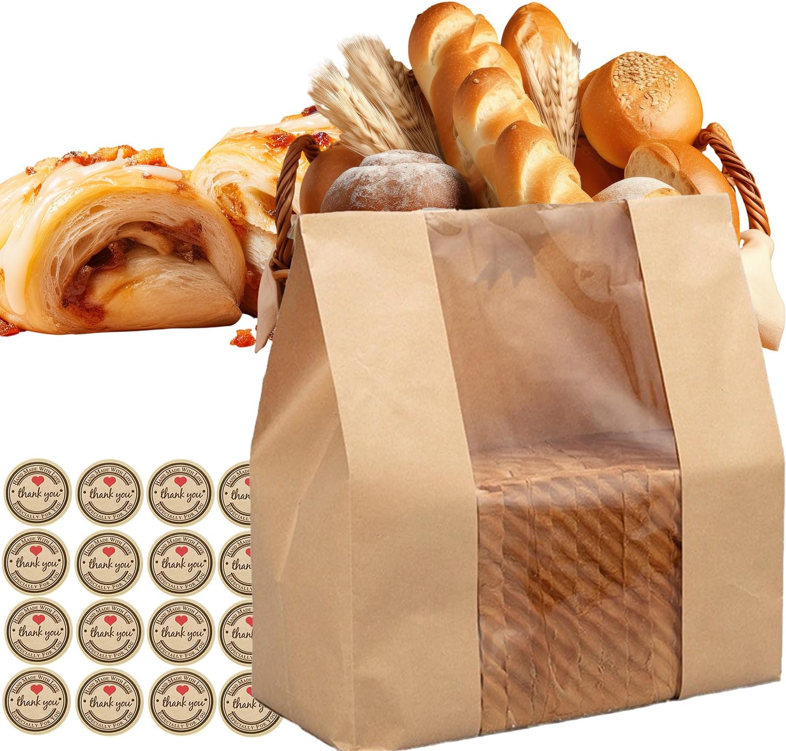 JATEFT 50 Pack Bakery Paper Bags with Seal Stickers, Window Design, White Transparent Film Bags for Pastries - Food Grade Greaseproof Paper