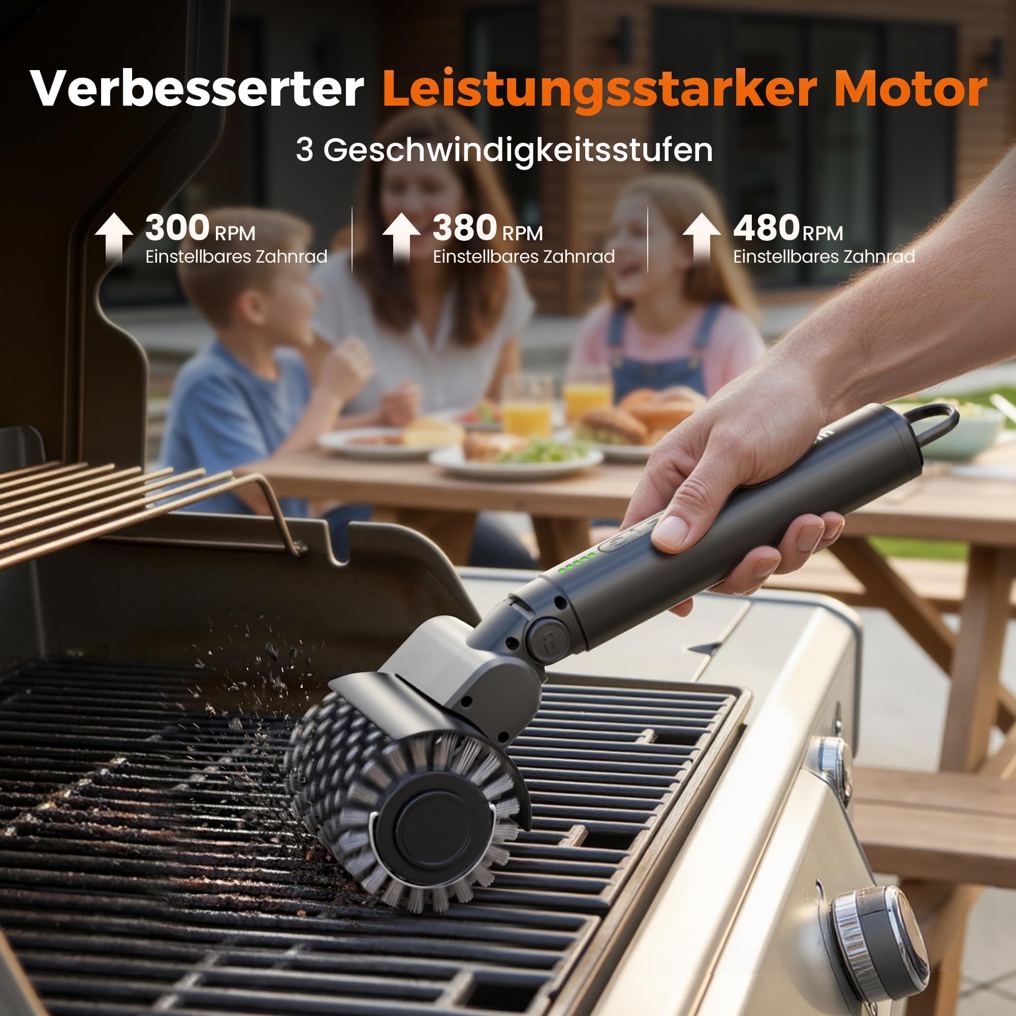 Leebein Elektrische Grillbürste für BBQ, 2026 Elektrische Reinigungsbürste 3-Gang & Verstellbare Winkel mit 3 Austauschbaren Köpfen, 150 Min Laufzeit, Wasserdicht und Hitzebeständig für Grillroste
