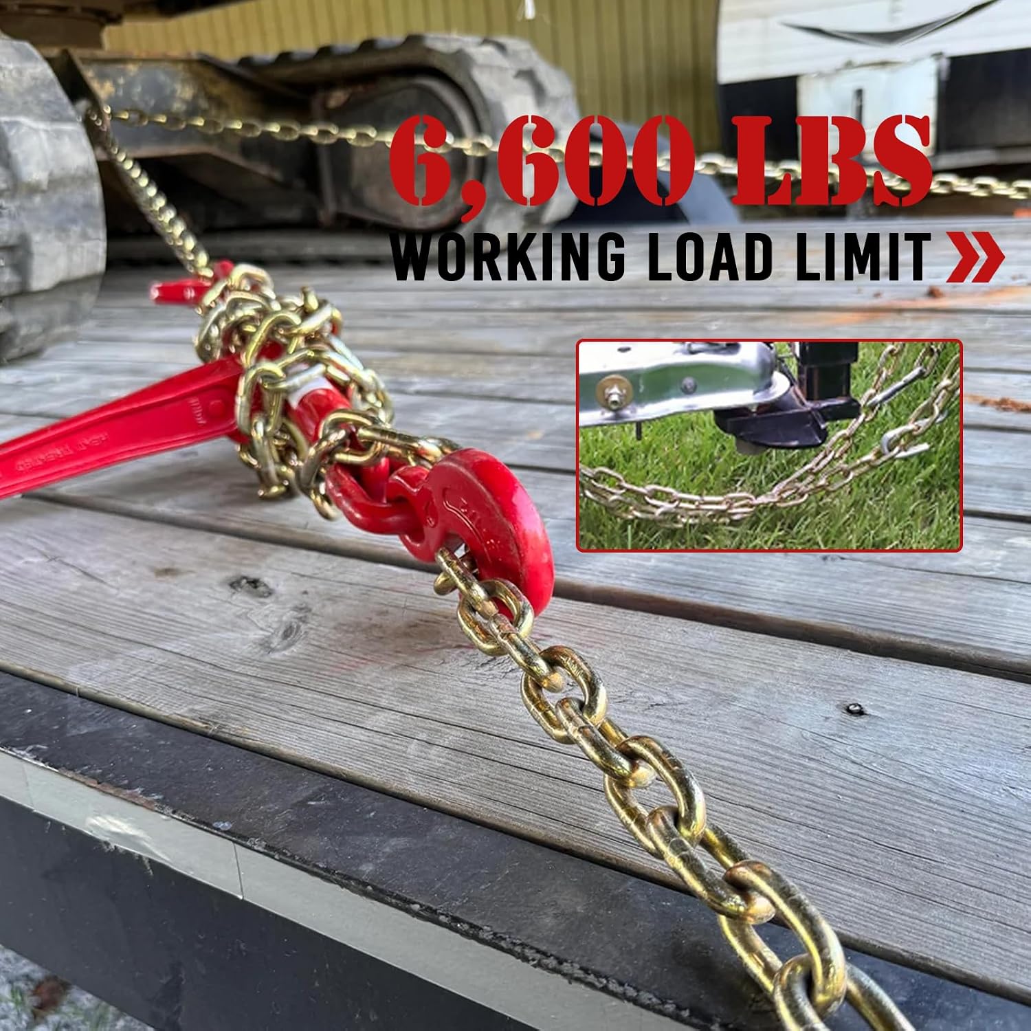 1PC 3/8" x 20' Transport Chain, Grade 70 Heavy Duty Chain with Clevis Grab Hooks, 6,600 lbs Working Load