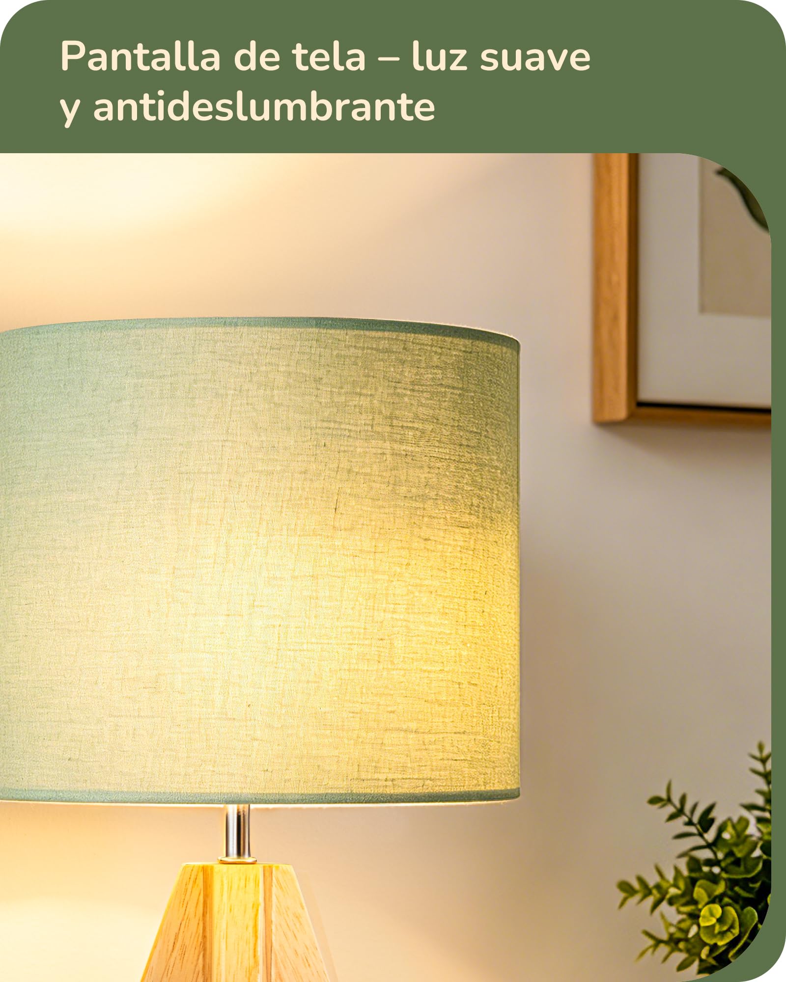 EDISHINE Lámpara de Mesa LED, Pantalla de Lino y Base de Madera, Set de 2 Lámpara de Mesa Moderna, Luz Blanca Cálida 2700K, Lámpara de Mesita E27 para Dormitorio y salón, Bombilla LED 4W Incluida
