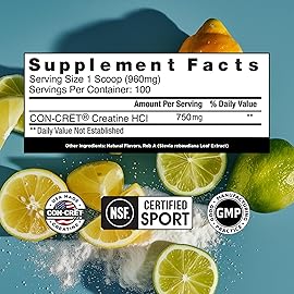 CON-CRET Creatine HCl Powder | Muscle, Cognitive, Cellular Energy Support | No Bloating or Cramps | USA Made & NSF Certified | Lemon Lime (100 Serving)
