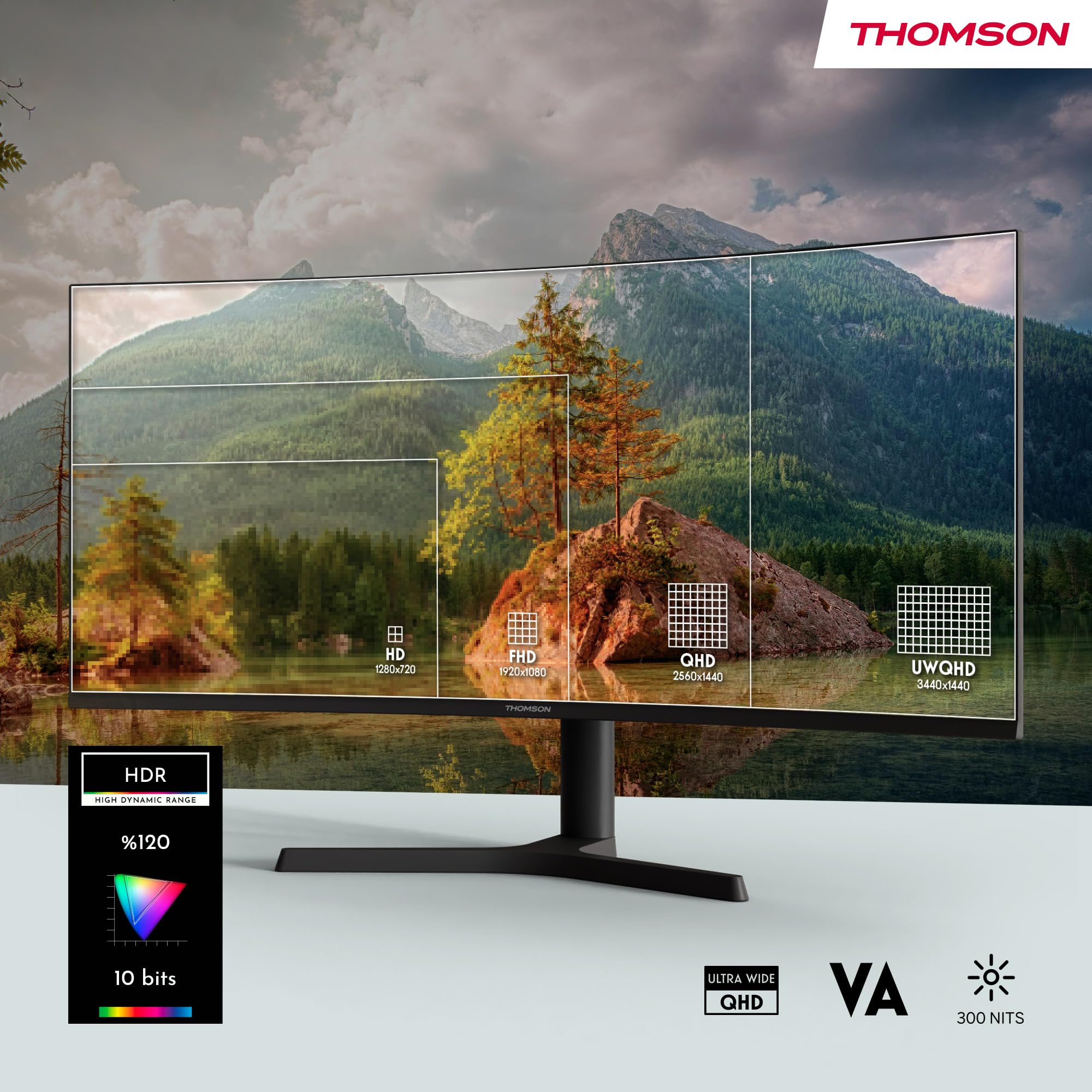 THOMSON Gaming Monitor 34 Pulgadas UWQHD Monitor, 240Hz VA EyeCare Display, 1ms, Adaptive Sync, Speaker, HDR10, HDMI&DP, M34QG7Y14C