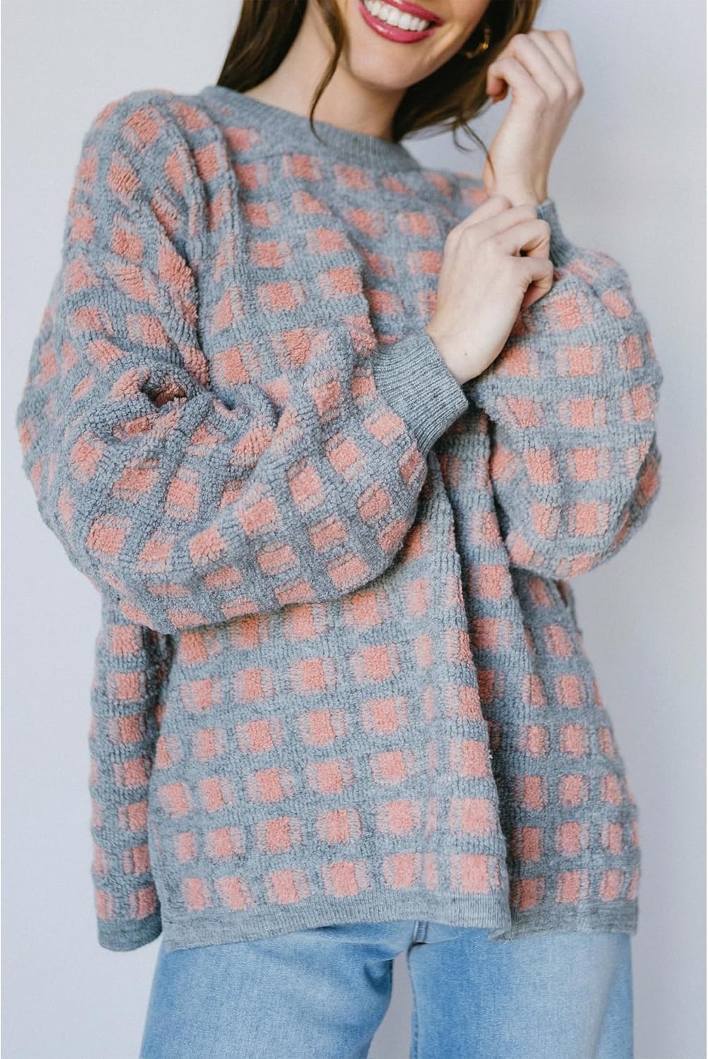 Checkered Sweaters for Women Long Sleeve Crew Neck Knit Sweater Top Plaid Pullover Fall Vintage Gingham Knitwear - Image 7