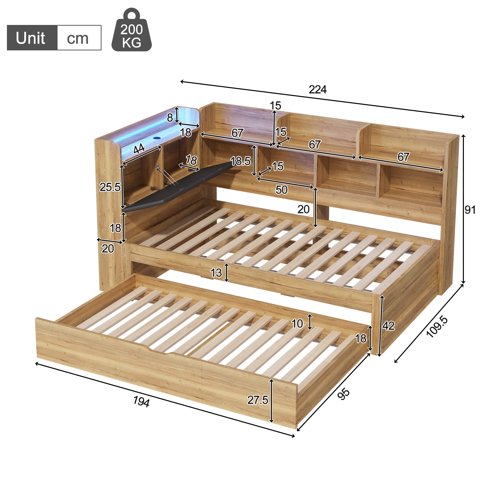 Cama infantil de día de 90 x 200 cm con cama nido de 90 x 190 cm, cama de día de madera con espacio de almacenamiento, compartimentos, diseño funcional, cama juvenil para habitación infantil
