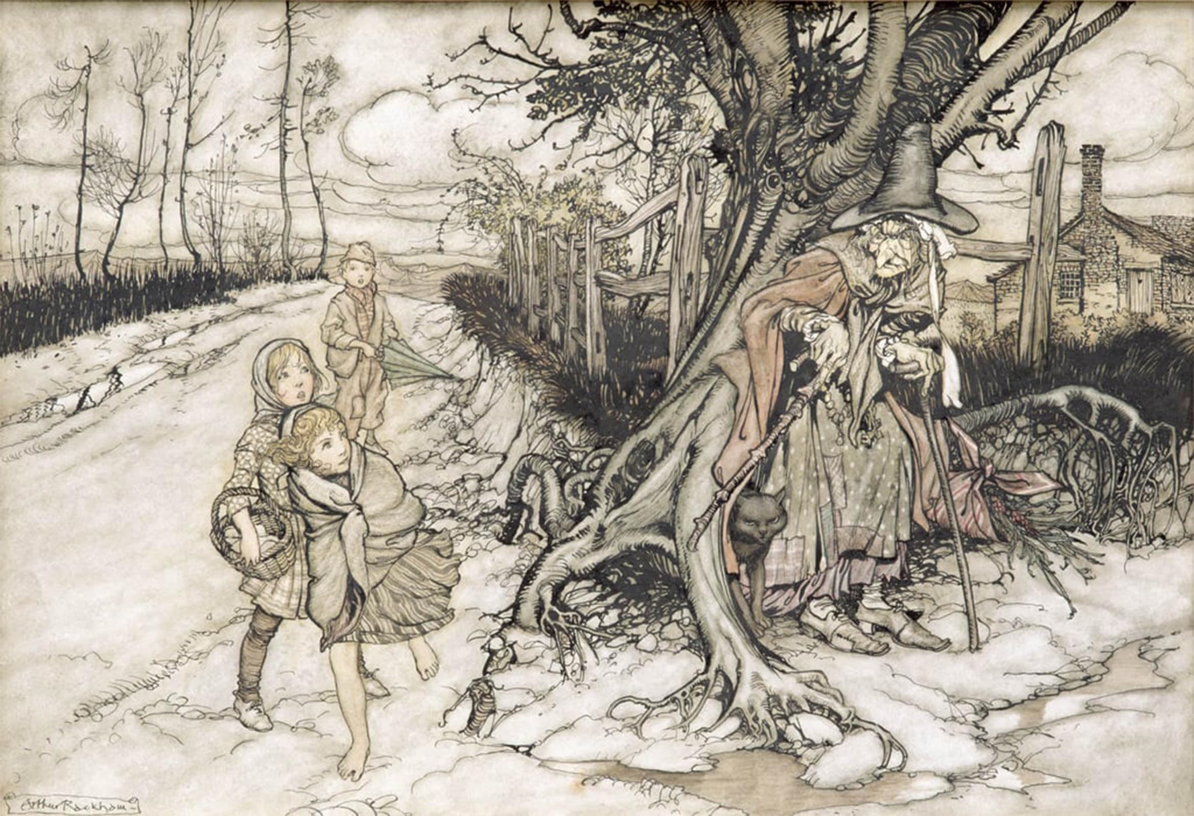 ARTXLXXBN Famous Painting Art Wall Decor Abstract Art Picture Children Startled by a Witch by Arthur Rackham Animal Pictures for Home Decor 60x90cm