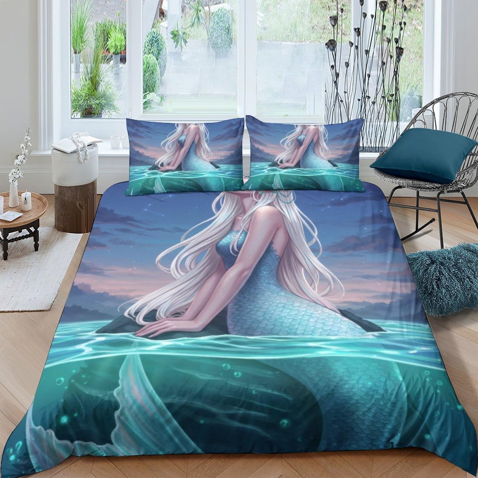 GPLZQXKJNH 3D Printed Mermaid Ocean Duvet Cover Microfiber Soft Breathable Fantasy Bedding Set with 2 Pillowcases for Bedroom Decor Single（135x200cm）