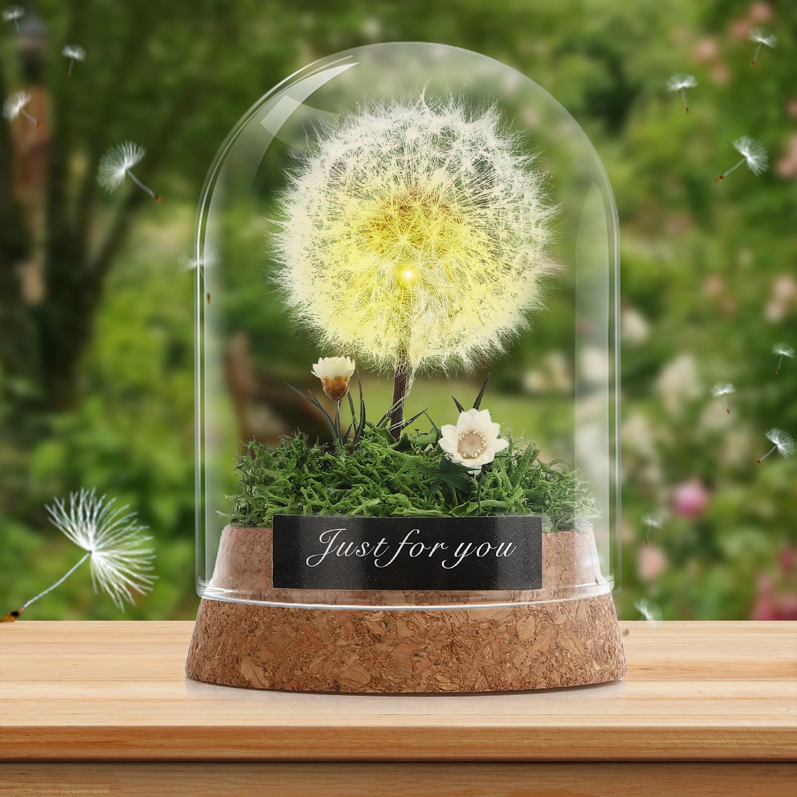 Vetro Fiore Desiderato Dente di Leone con Luce LED Regalo Decorativo Verde Smeraldo
