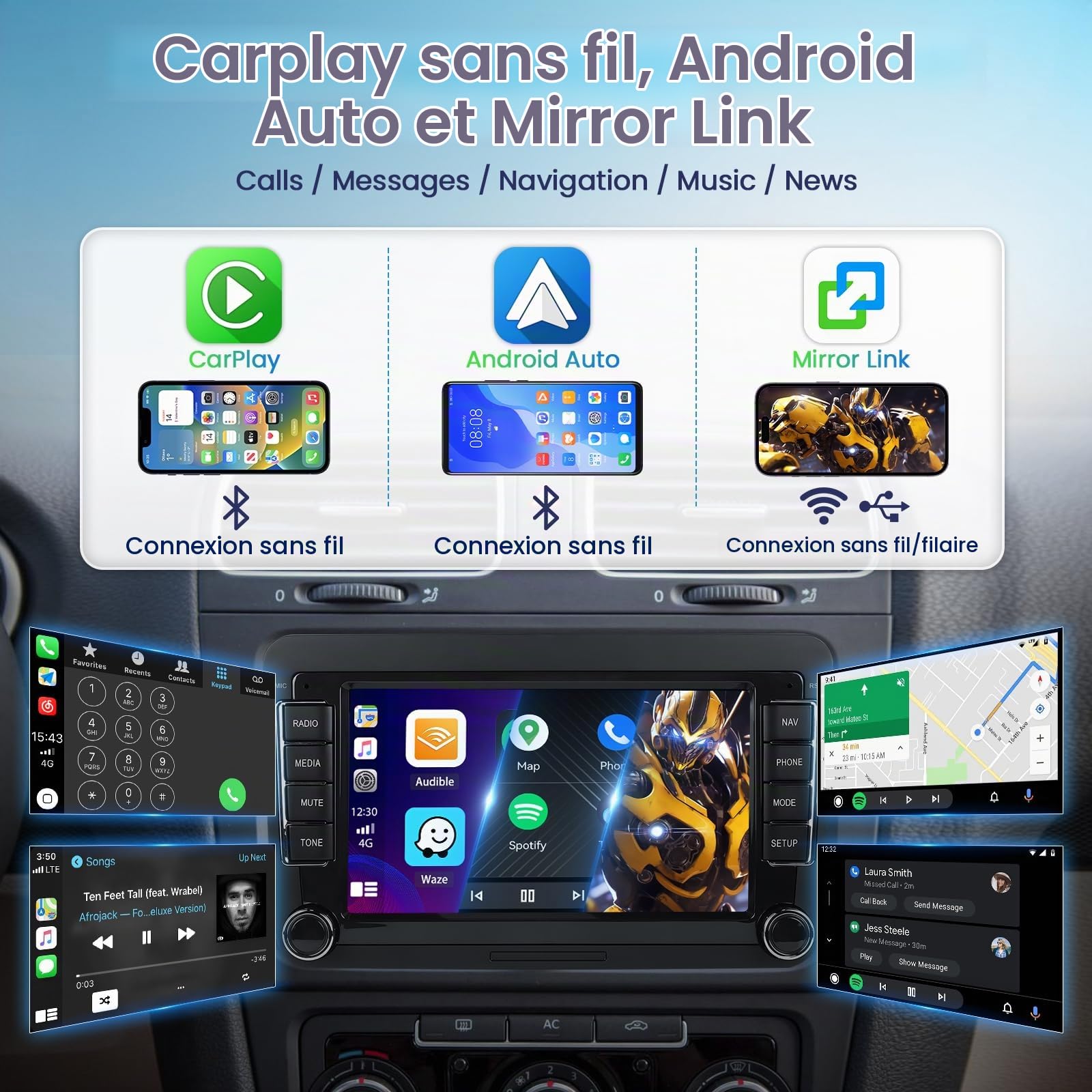 Roinvou 7'' 4+64GB Autoradio Android 15 pour VW Golf 5 6 Passat Polo