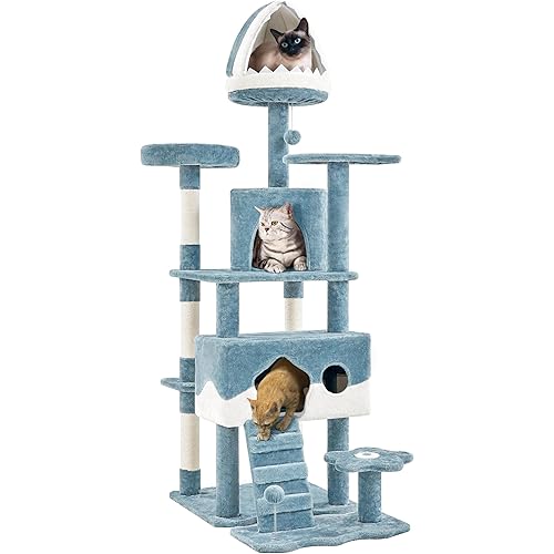Yaheetech Cat Tree, 72.5inch Ocean-Themed Cat Tower, Multi-Level Large Cat Tree for Indoor Cats with Shark's Mouth Bed & 2 Big Condos & 2 Wide Perches & Funny Toys, Blue & White