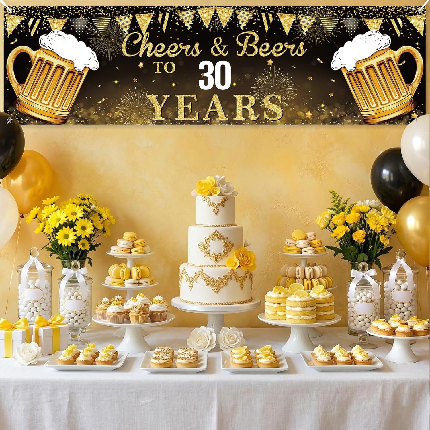 Cheers and Beers Birthday Banner Personalized - DIY Custom Age Birthday Decorations for Men Women - Black Gold Large Backdrop Sign with Letter Number Stickers for 21st 30th 40th 50th 60th Party Supplies