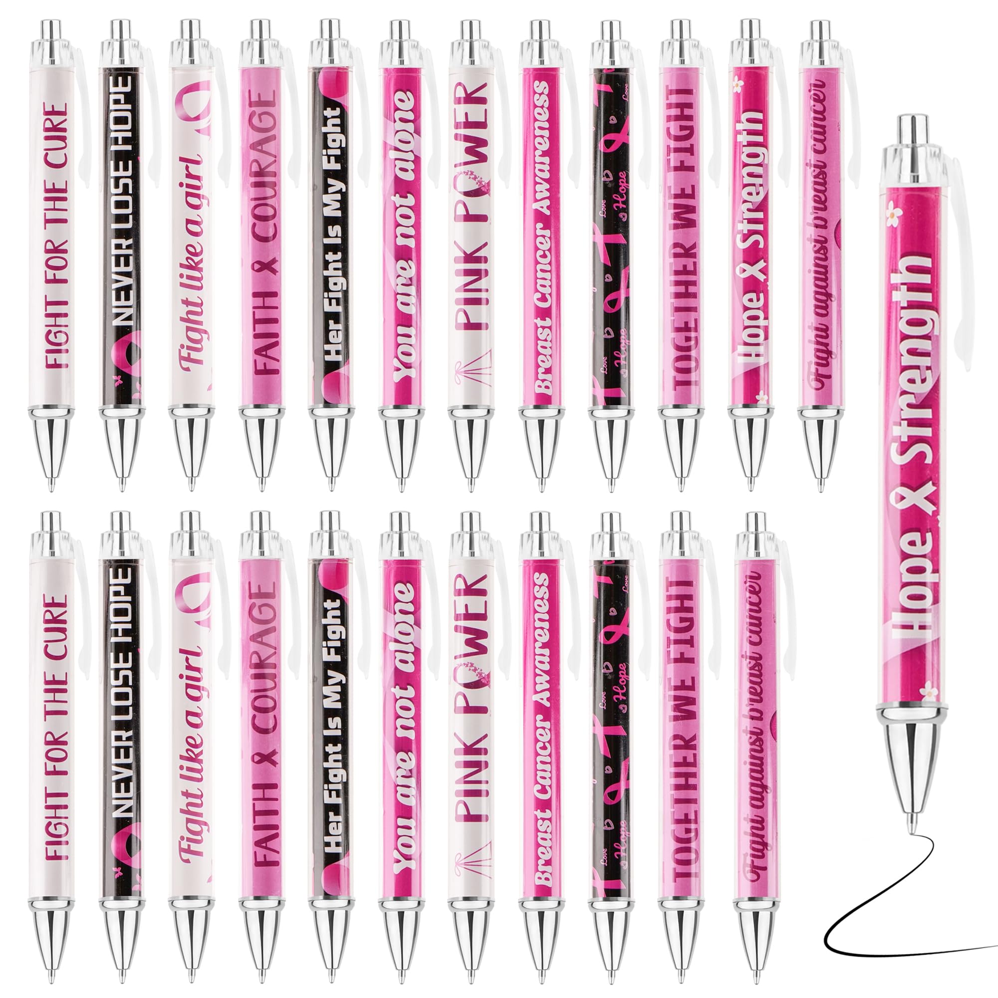 Ballpoint Pens, 24pcs Breast Cancer Awareness Bulk Items Pens Pink Faith Message Retractable Pens Black Ink Bulk Pens 2023 for Women Girls Gift Public Events Charity Office Supplies
