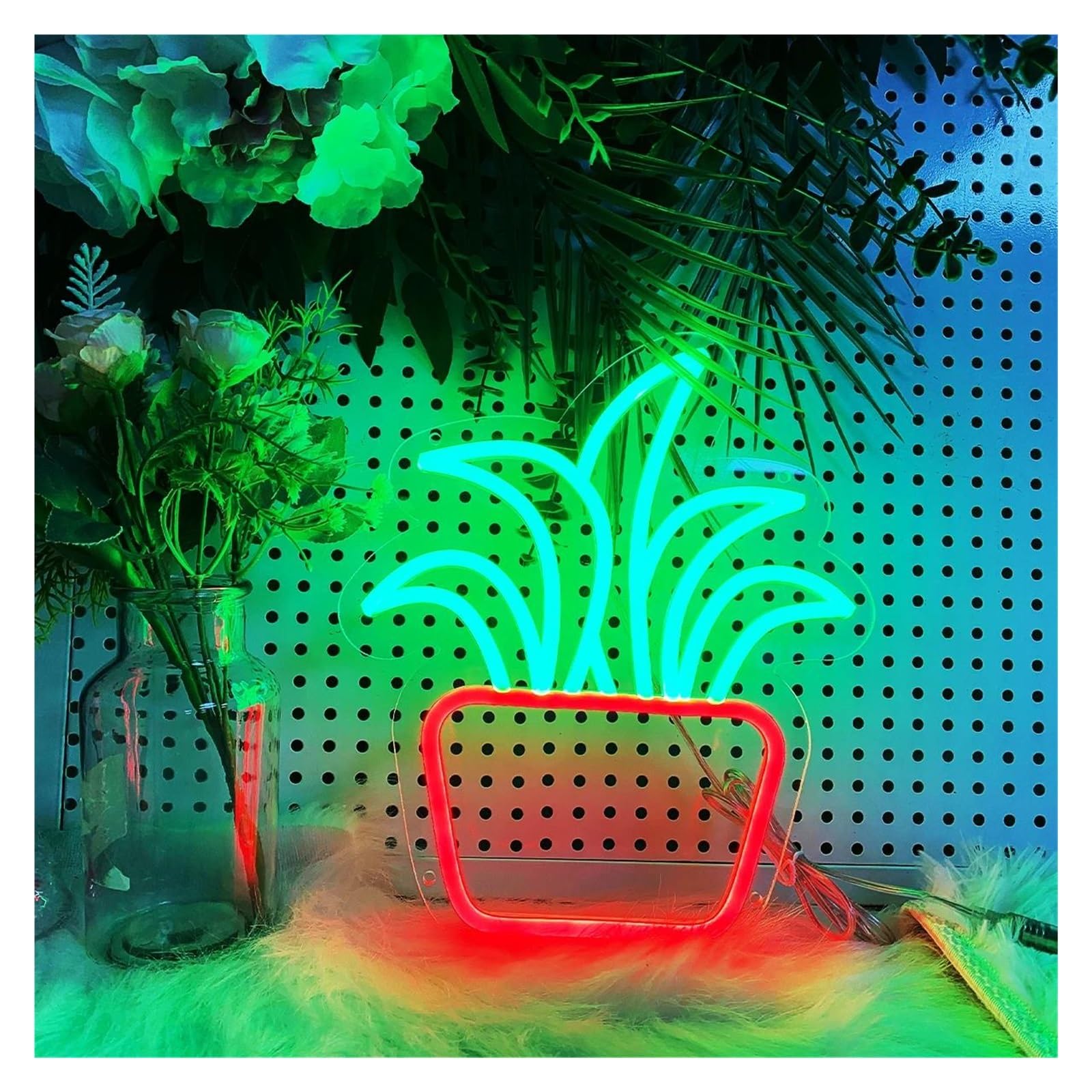 SHOUXI Sign Lamp Grass Potted Neon Lamp, Flower Shop Party Bedroom Balcony Decoration Atmosphere Lights 29X25cm