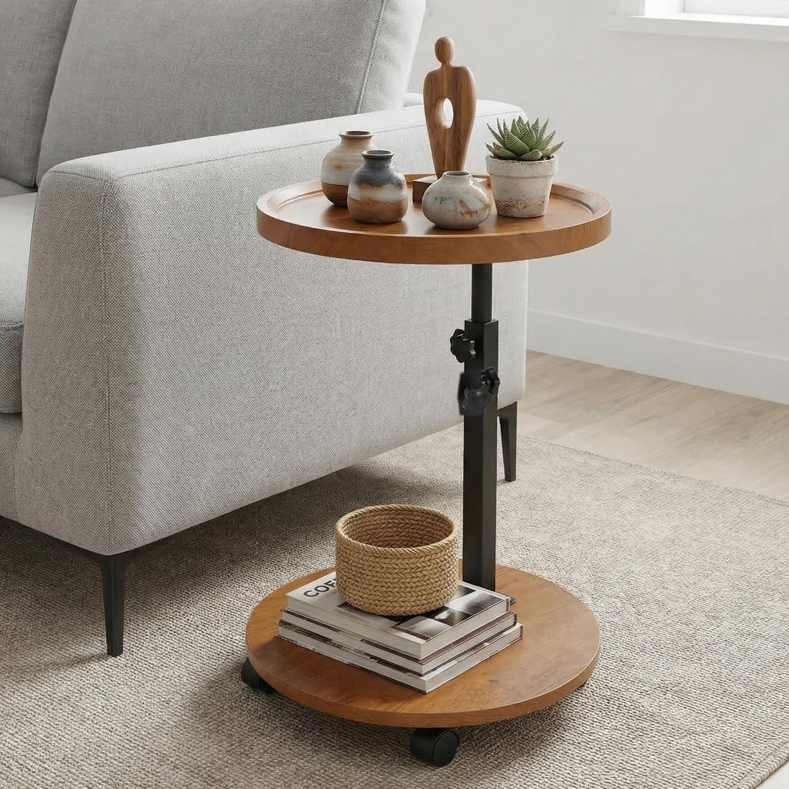 Mesa auxiliar de altura ajustable, mesa auxiliar giratoria de 360° con ruedas para sofá, dormitorio, oficina, sala de estar, mesas de café para espacios pequeños (color madera natural)