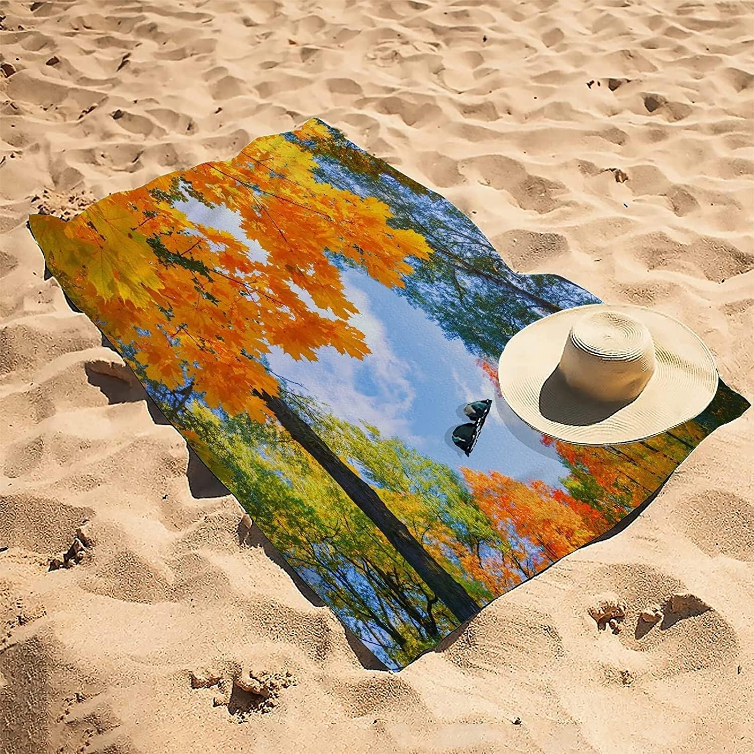 Serviette de Plage 200x200 Femme Homme Enfant, Drap de Plage XXL Serviette Plage Anti Sable à Séchage Rapide Grande Serviette Plage Feuille d'érable, pour Bain, Piscine, Camping Forêt A413