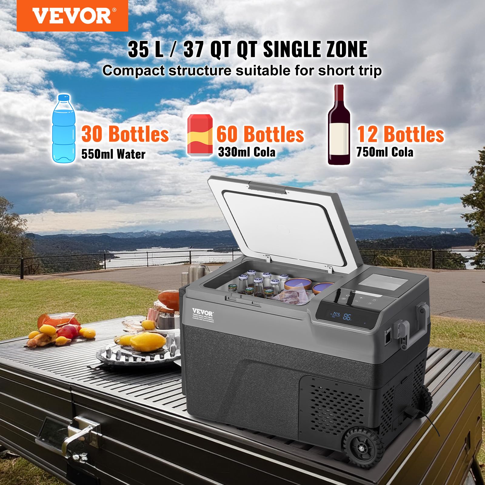 VEVOR Frigorifero Portatile per Auto, Frigorifero 12 V, Congelatore Portatile Zona Singola 35 L, Temperatura - 20~20 ℃, Refrigeratore a Compressore con Rotelle per Casa, Esterno, Camper, Auto