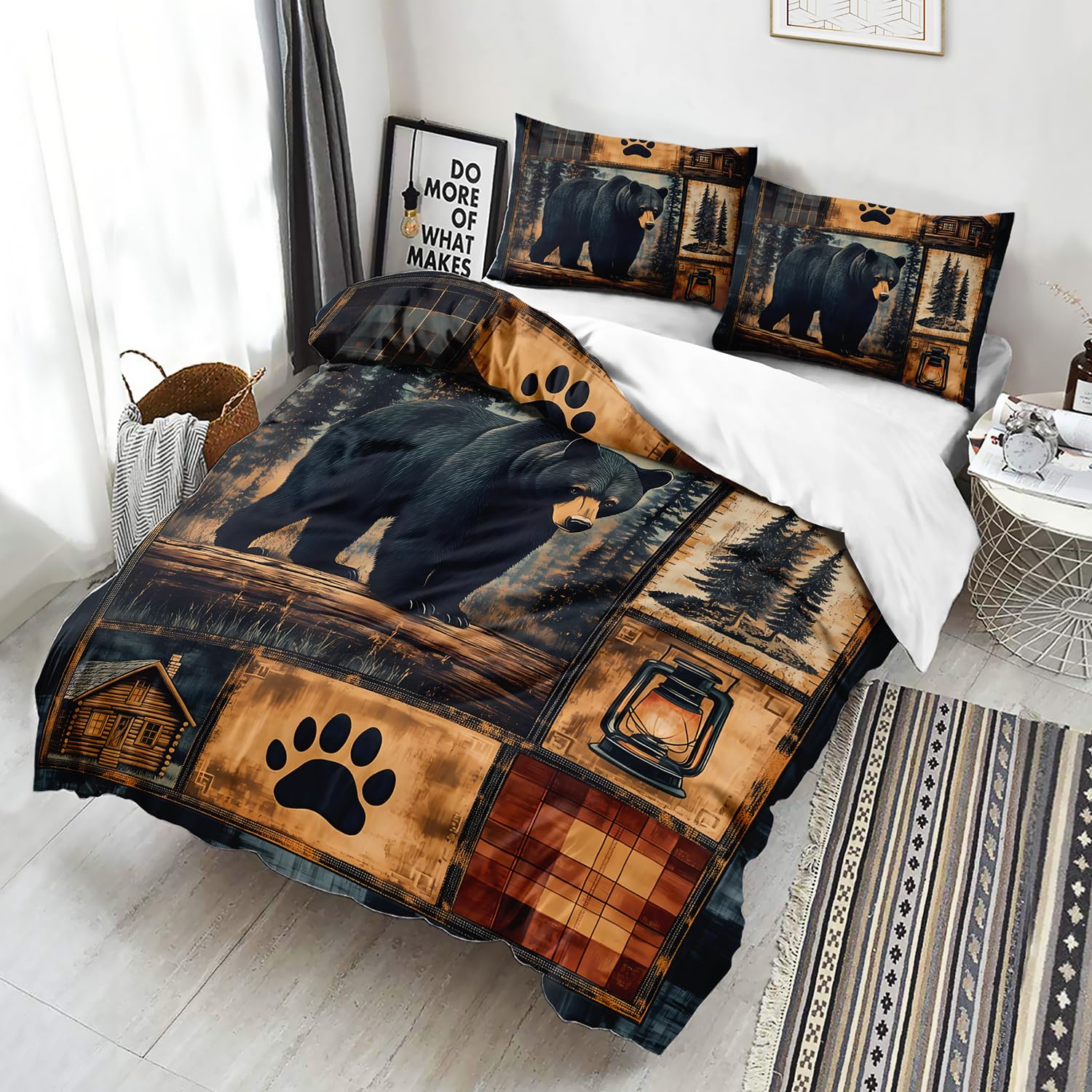AILONEN Black Bear Duvet Cover Set King Size,Rustic Bear Bedding Set for Kids Boys Girls,Wildlife Themed Hunting Comforter Cover with 2 Pillowcases,3 Pieces