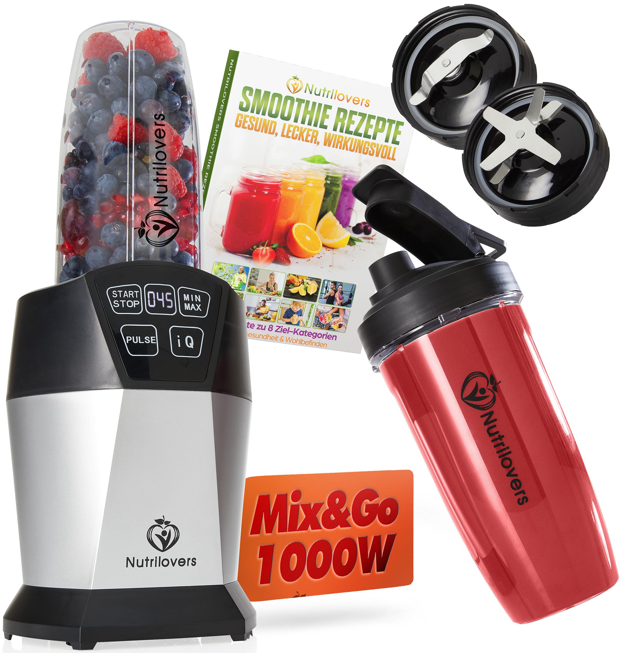 Nutrilovers Smothiemaker NUTRI-BLENDER Smoothie-Maker to go 1000 Watt Mixer Smoothies Auto-IQ, BPA-frei, Inkl. Rezeptbuch, 2x Becher & Zubehör