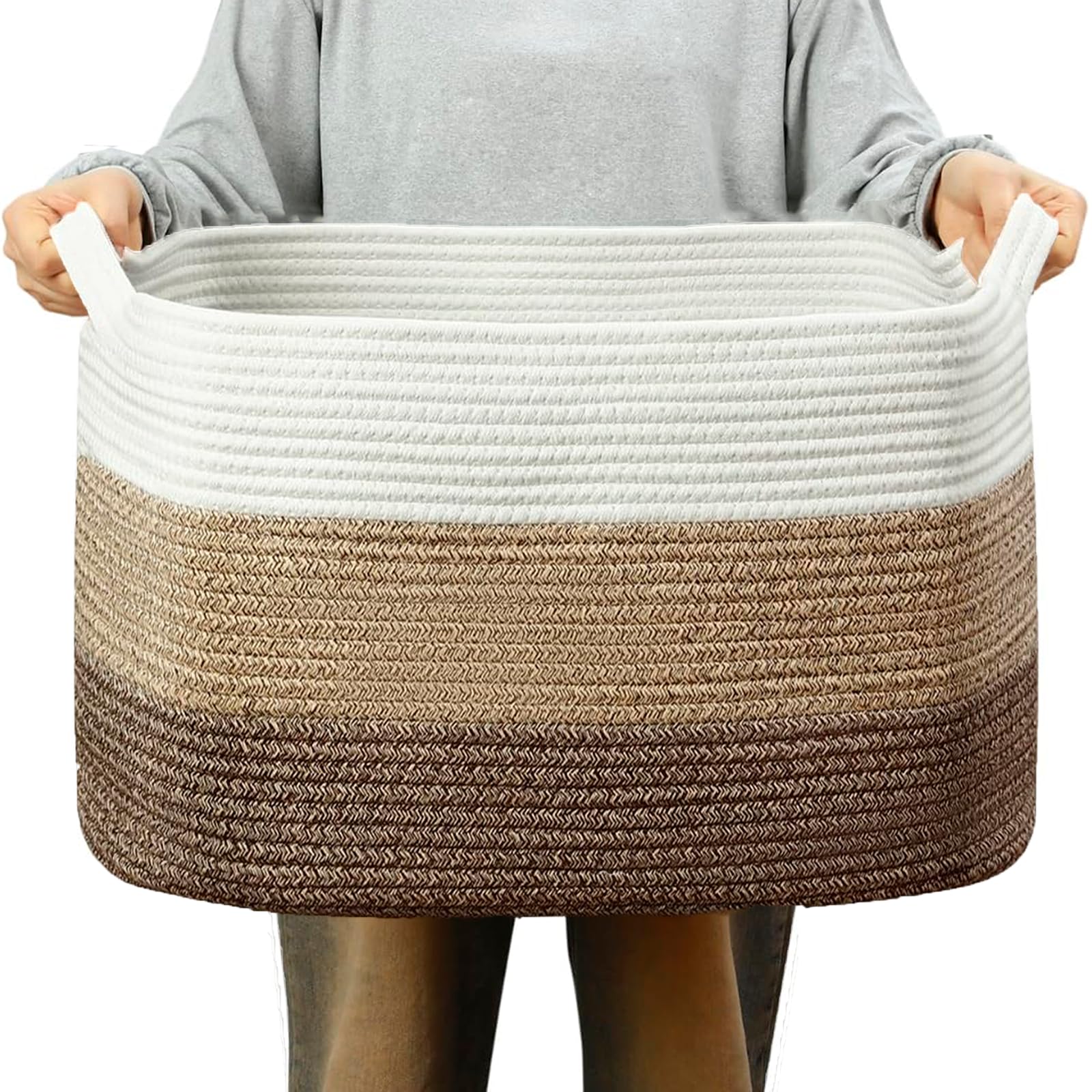 PandaEar Large Cotton Rope Basket with Handles, Rectangle Woven Storage Basket Organizer for Living Room, Blankets, Toys, Baby Nursery Laundry Baskets Toy Bin, 21.2 x 16.9 x 11.8 inches