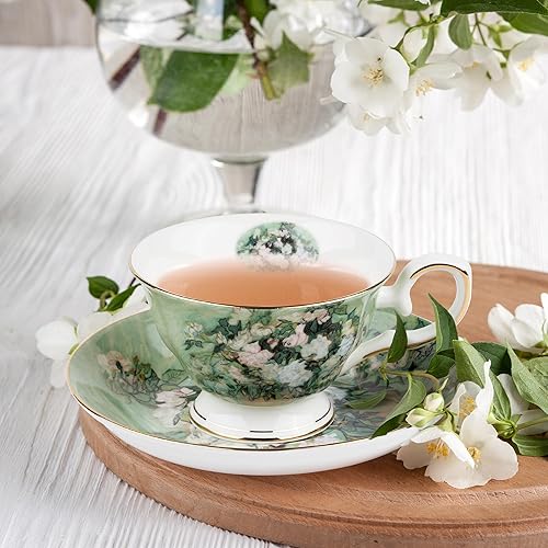 Miniatura 8 de AOTELIDA Juego de 2 tazas de té floral, porcelana de hueso de 7 onzas, tazas de café británicas de porcelana para té de rosa, capuchino, expreso