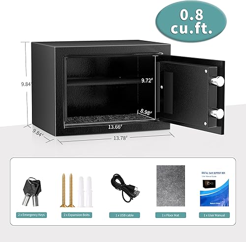 Miniatura 2 de Caja fuerte de 0.8 pies cúbicos, caja de seguridad digital antirrobo con teclado electrónico y llave, cajas fuertes a prueba de fuego para
