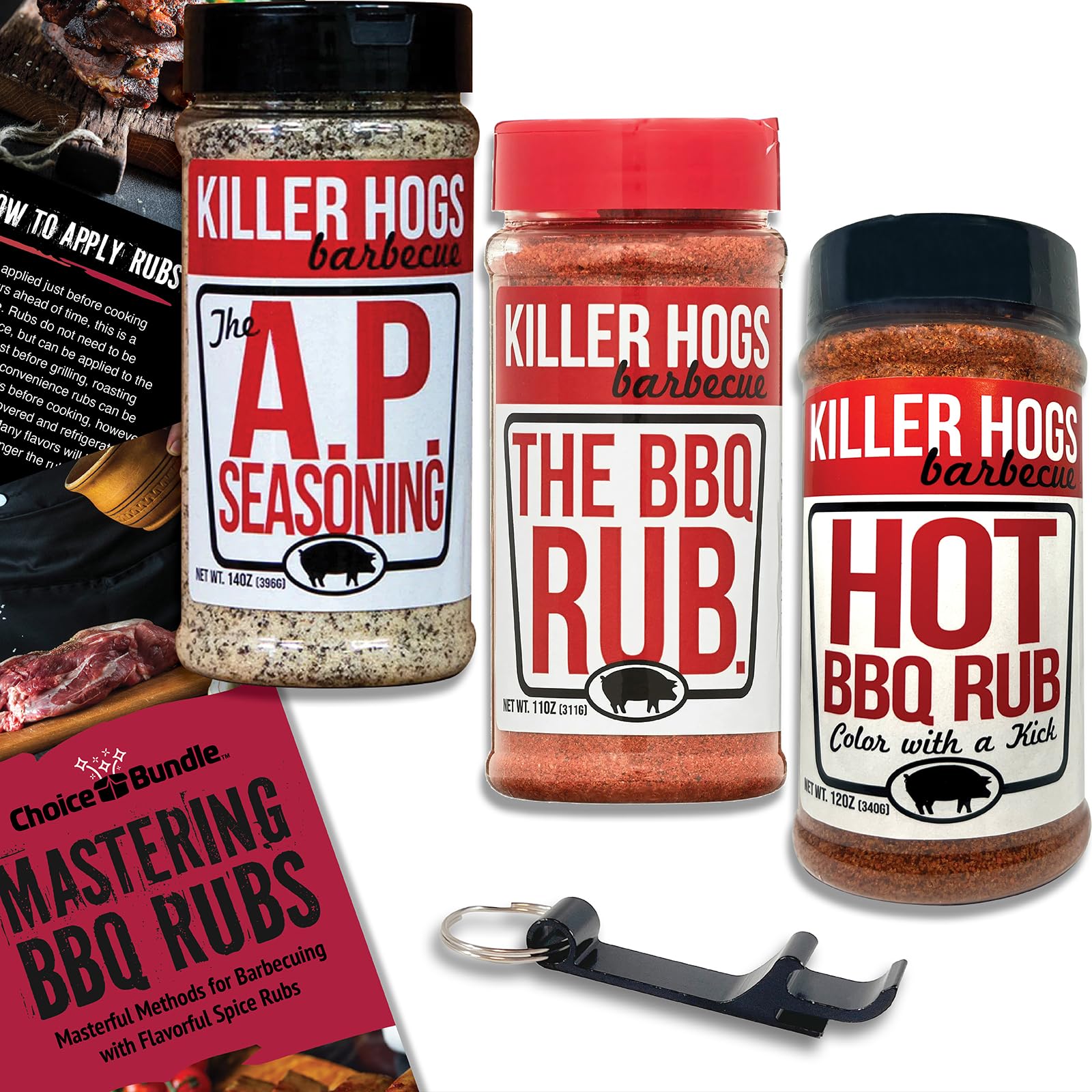 Killer Hogs The AP All Purpose Seasoning, Hot BBQ Rub & The BBQ Rub Premium Barbecue Variety 3 Pk Choice Bundle (37 oz) + BBQ Guide & Keychain Bottle Opener (5 Items)!