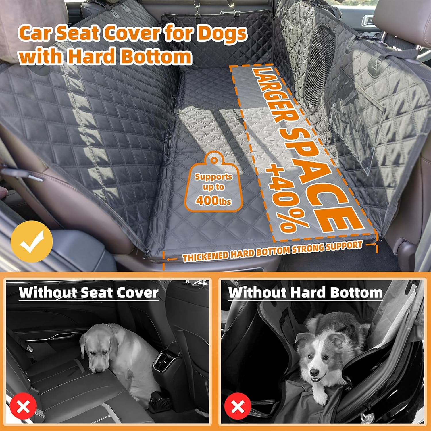 Back Seat Extender for Dogs, Hard Bottom Car Seat Cover for Dogs Supports 400lbs, Waterproof Backseat Protectors for Dog, Upgraded 1680D Heavy Duty Dog Hammock for SUV, Car, Truck (Black)