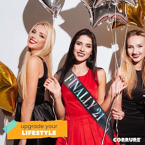Miniatura 7 de CORRURE Faja de cumpleaños "Finally 21" con purpurina, banda negra con papel de aluminio multicolor, banda de cumpleaños 21 para hombres y mujeres,