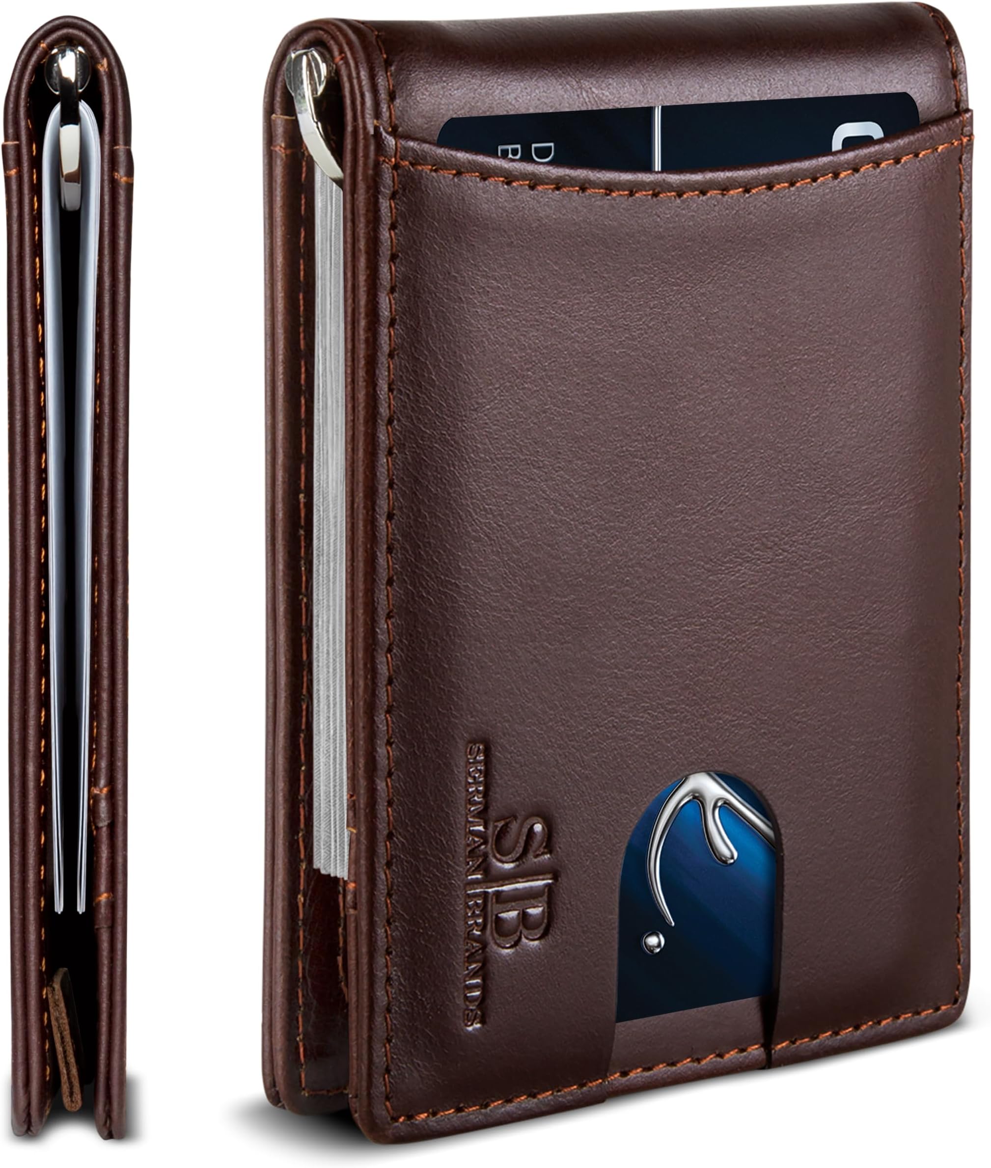 SERMAN BRANDS RFID Blocking Slim Bifold Genuine Leather Minimalist Front Pocket Wallets for Men with Money Clip Thin Gift