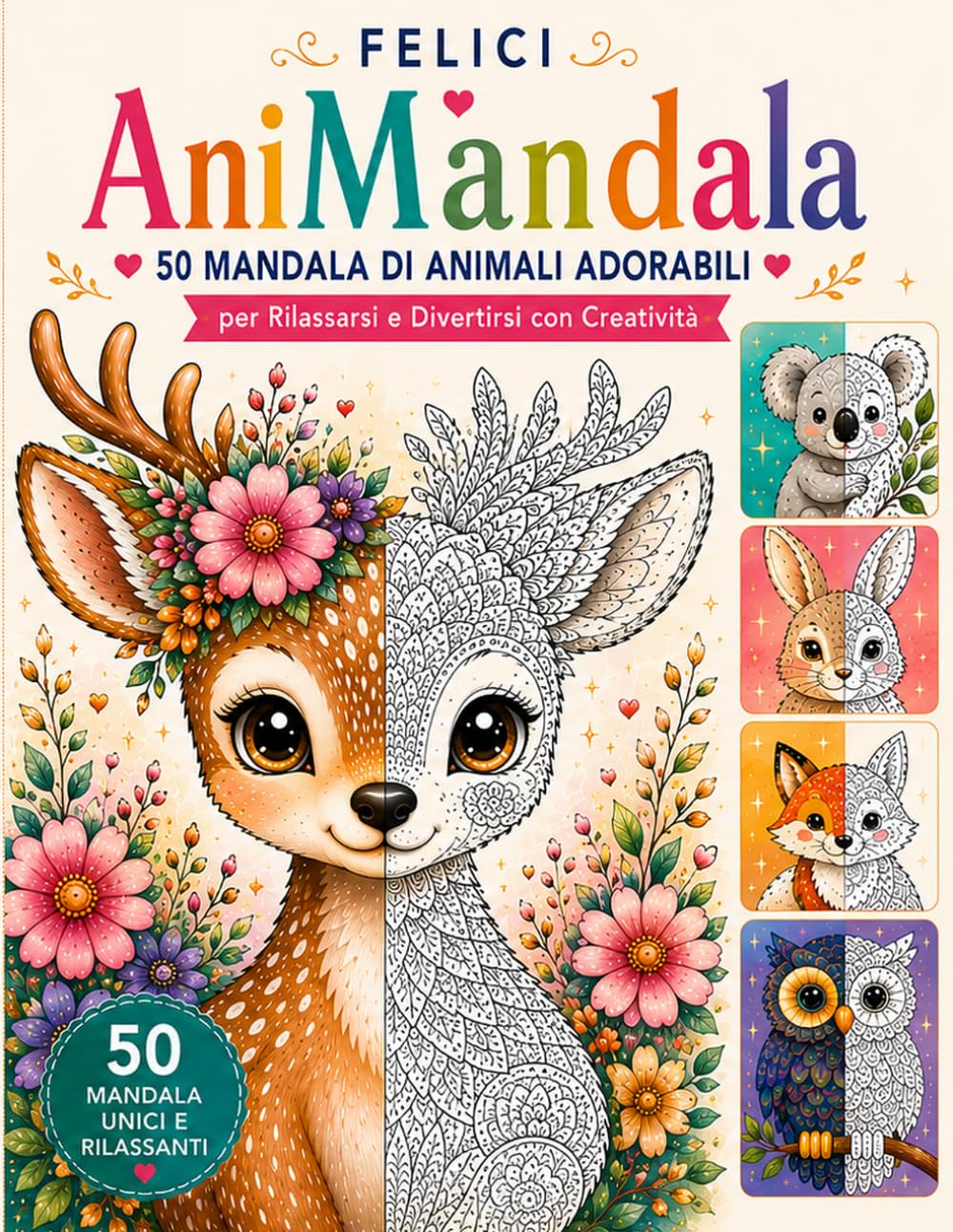 Felice AniMandala: Libro da Colorare con 50 Mandala di Animali Adorabili per Bambini Creativi: Cerbiatti, Volpi, Gufi, Conigli e Tanti Animali Carini ... con Disegni Rilassanti, Creativi e Divertenti