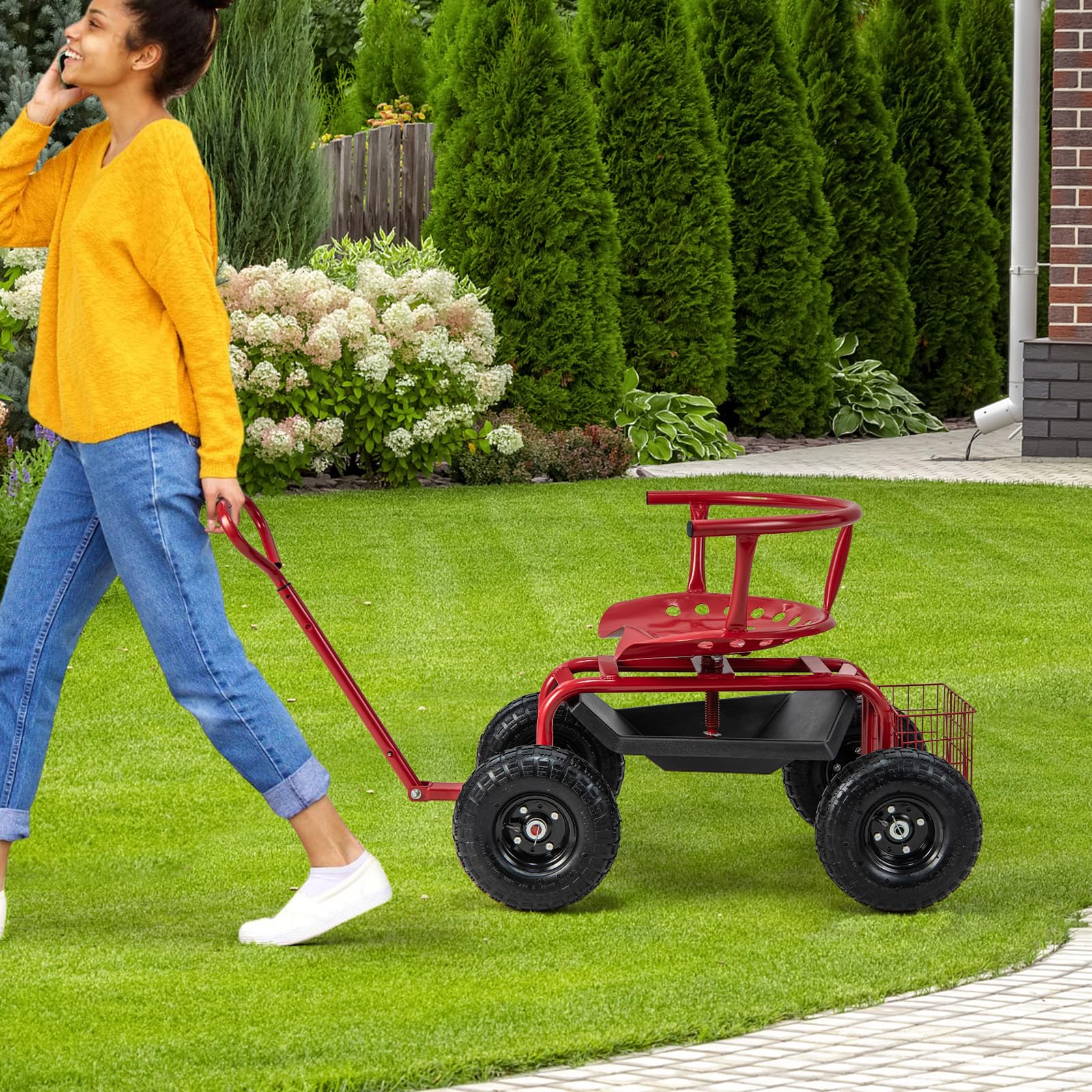 SOARS Rollsitz für Gartenarbeit, Gartensitz 360°drehbar, 60-69cm höhenverstellbar, Gartenwagen mit ausziehbarem Griff, Ablage & Korb, Arbeitssitz 135kg belastbar für Gartenarbeit & Autopflege