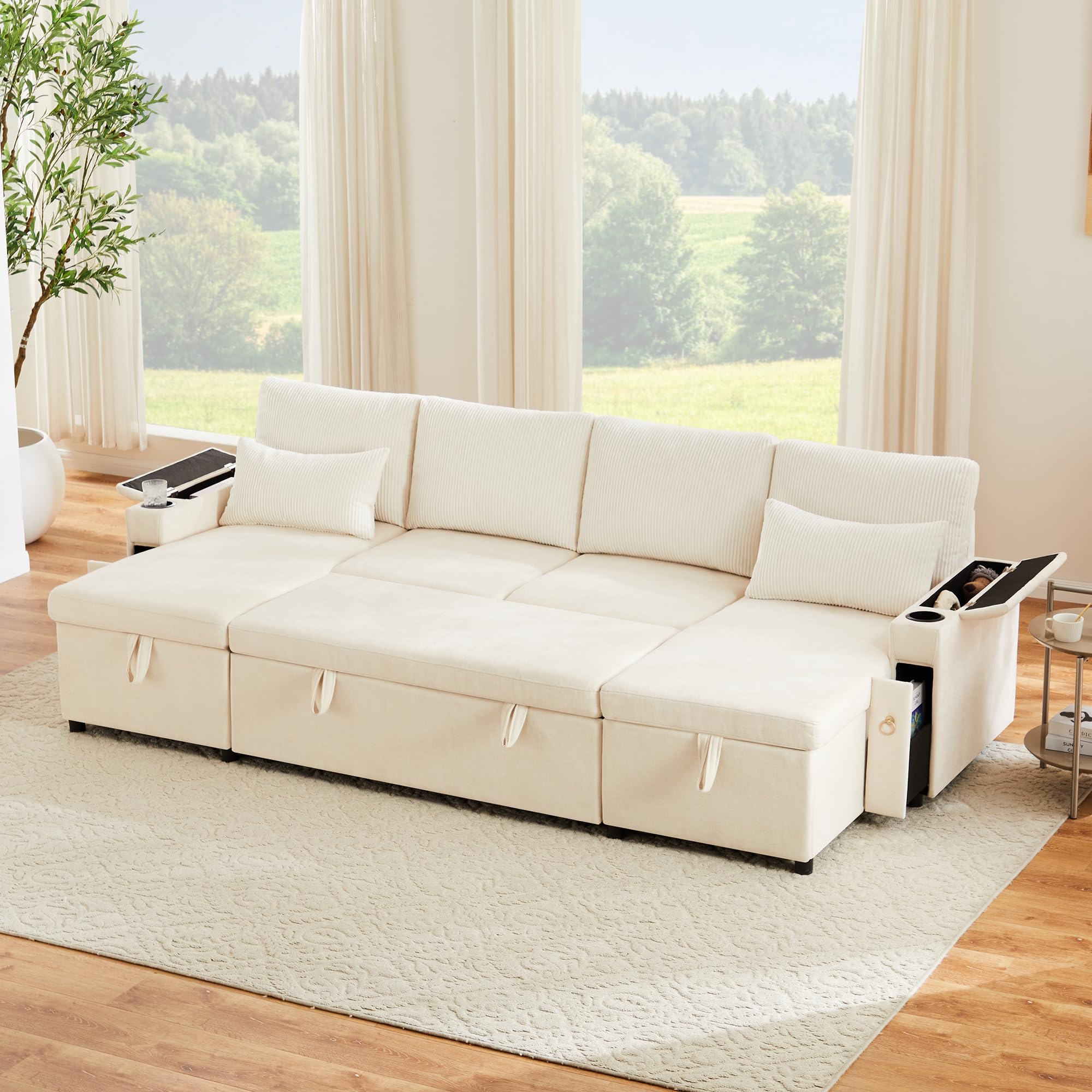 Merax Canapé-lit d'angle extensible en forme de U avec coffre de lit, double méridienne avec espace de rangement caché, canapé-lit pratique avec porte-gobelet, compartiment pour accoudoirs, grand
