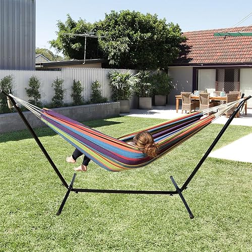 Miniatura 1 de Ezone Hamaca ajustable para dos personas con soporte de acero que ahorra espacio, funda de transporte portátil, fácil de instalar, hamaca de pie
