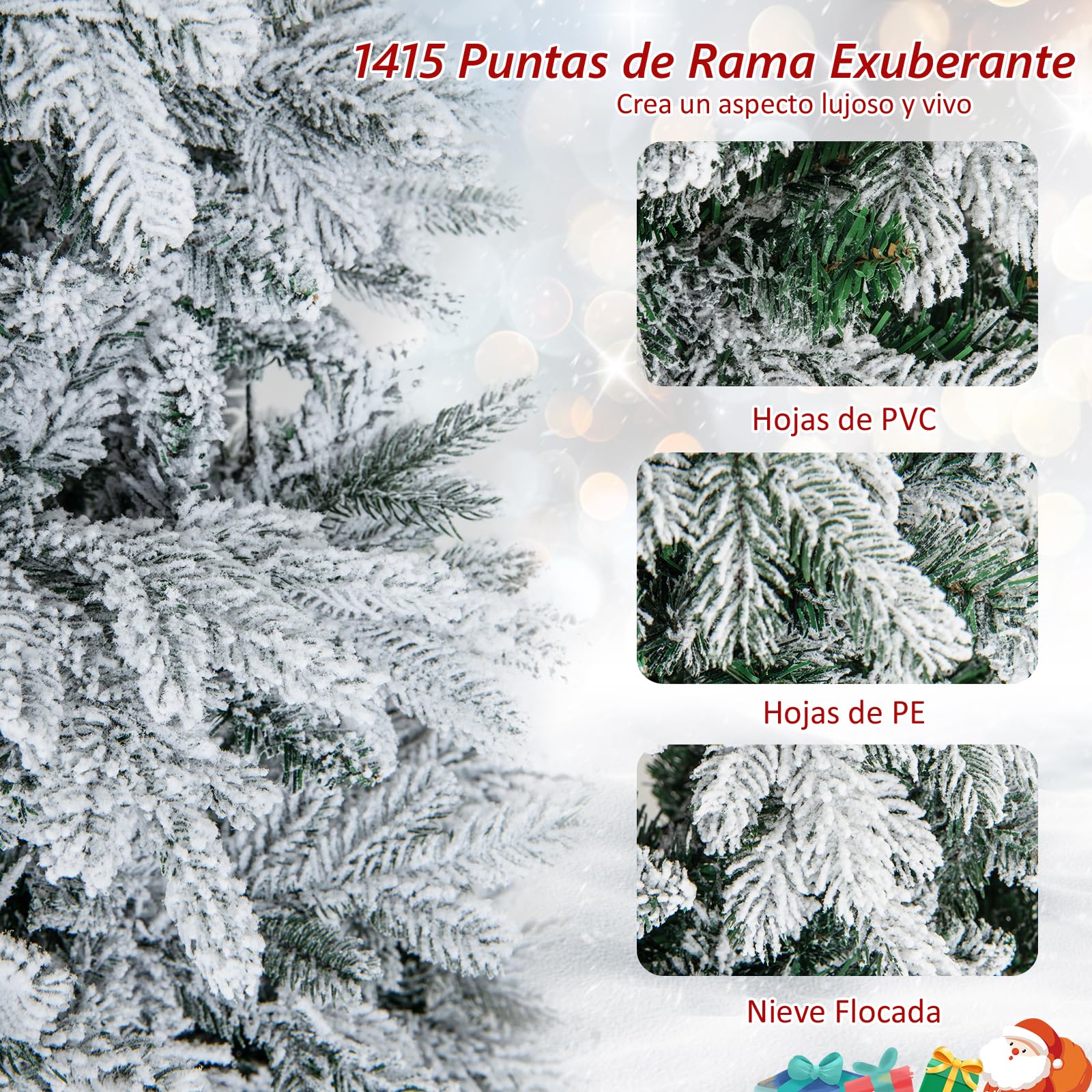 COSTWAY Árbol de Navidad Nevado con Luces 180cm, Arbol de Navidad con Luces Incorporadas, 260 Luces LED Cálidas, 1415 Puntas de PVC y PE, Arvore de Natal Hogar Oficina Fiesta (180cm)