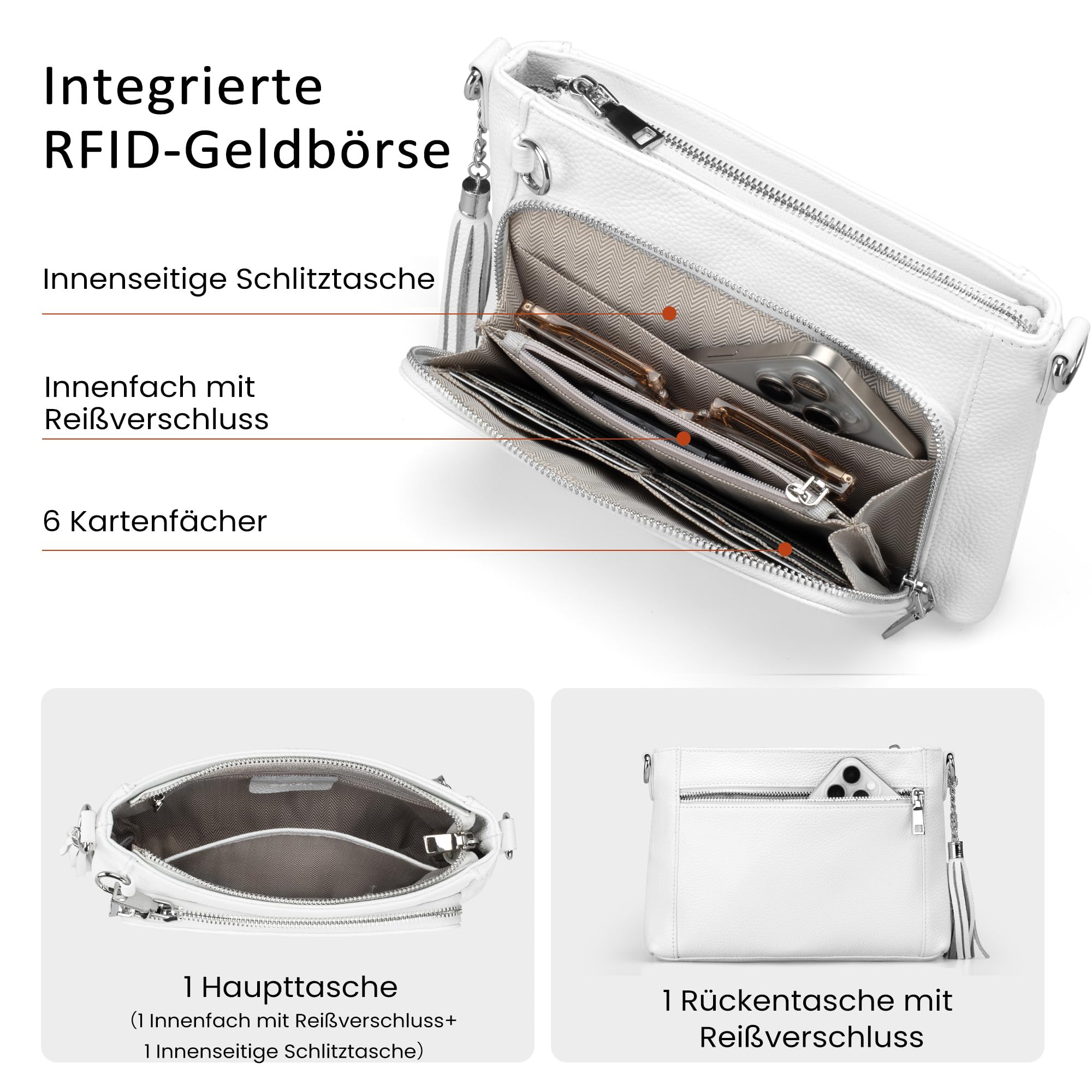 befen Echtleder Umhängetasche Damen mit Anti Diebstahl, Leder Handtasche | RFID-Blockierung Crossbody Bag Damen Klein Tasche, Handytasche zum Umhängen mit integrierter Brieftasche