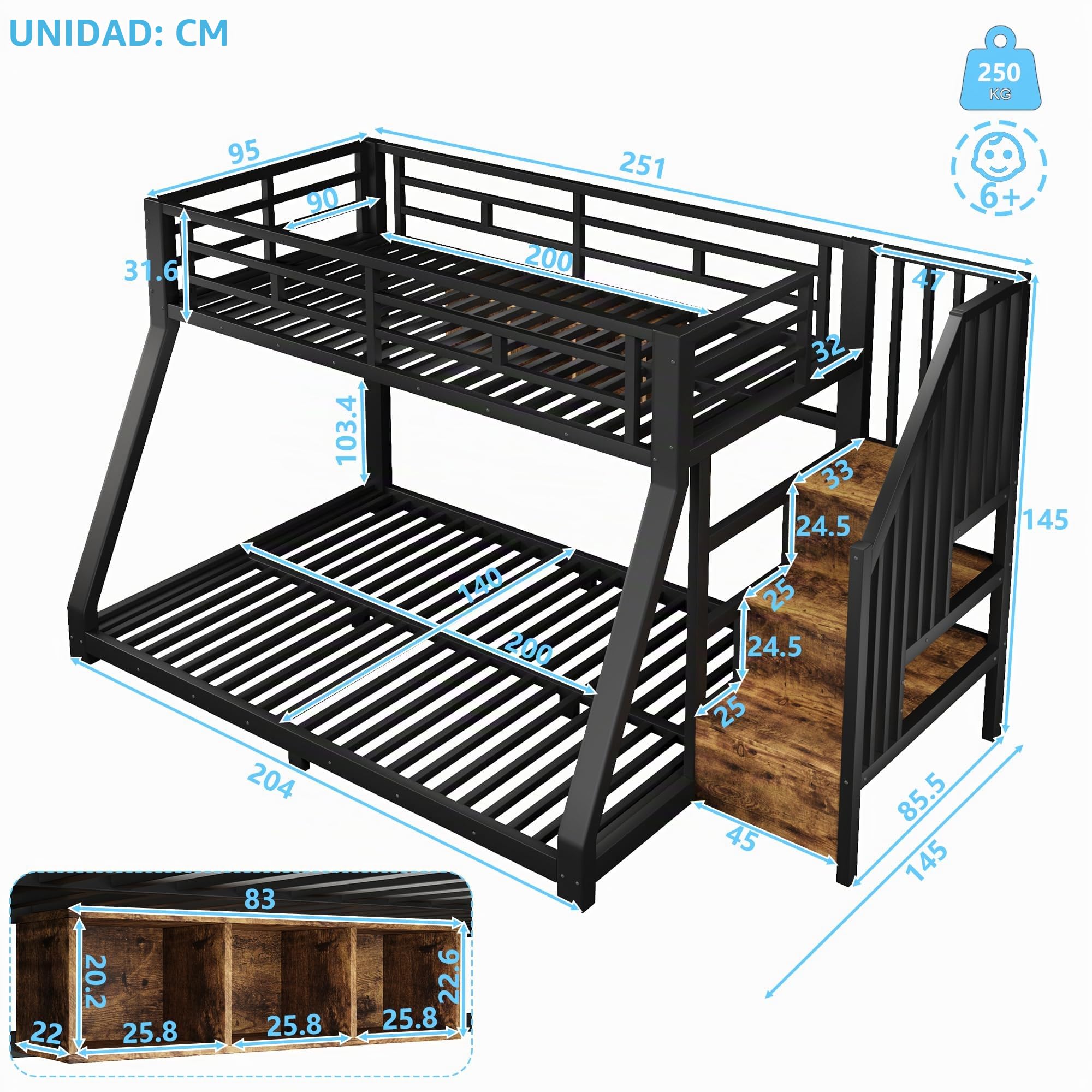 Litera con luces LED, cama superior de 90 x 200 cm, cama inferior de 140 x 200 cm, con 3 compartimentos de almacenamiento, material metálico con escalera de almacenamiento, barandilla y piecero, negro