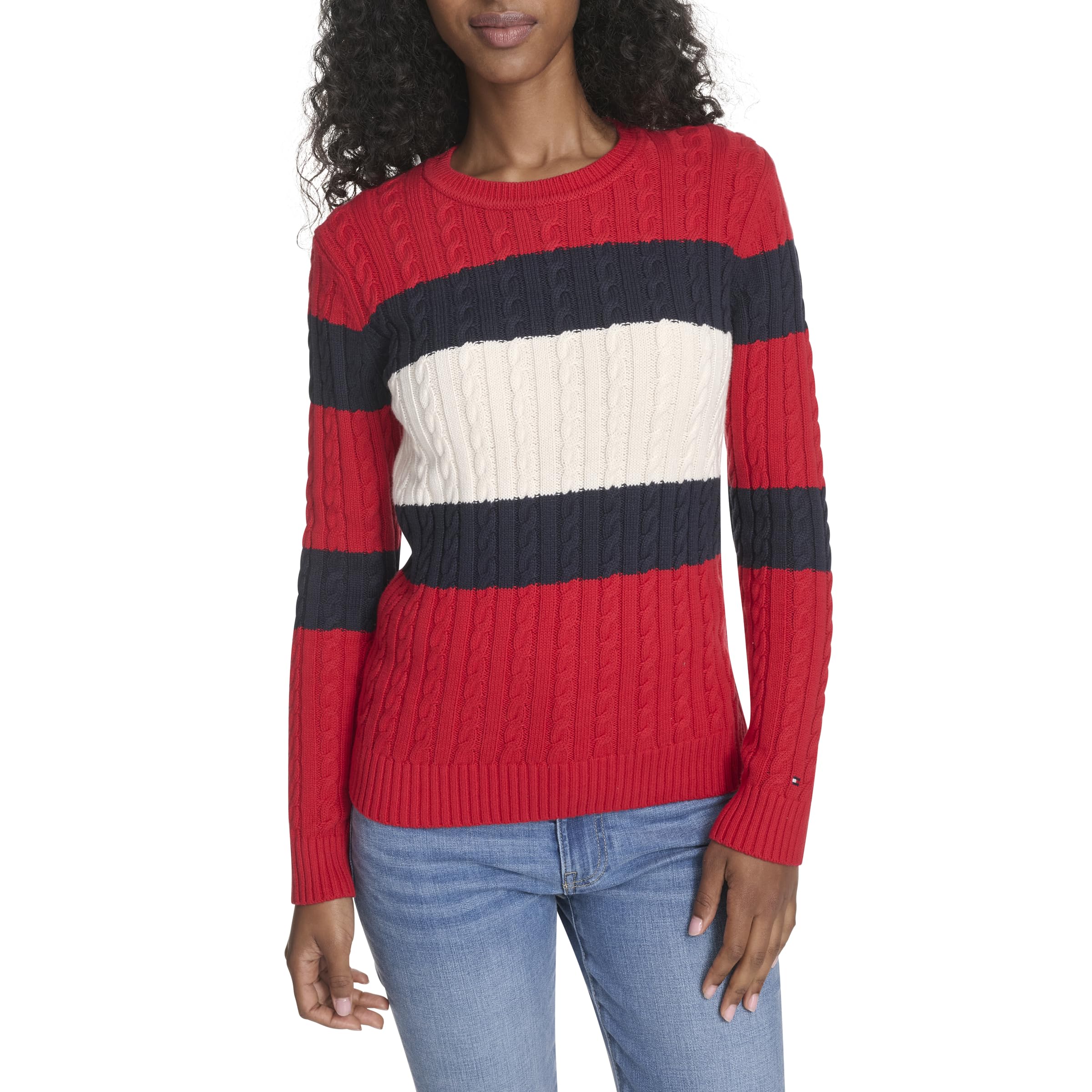 Tommy Hilfiger Women's Scarlet Multi Colorblock Cotton Crewneck Cable Sweater, M
