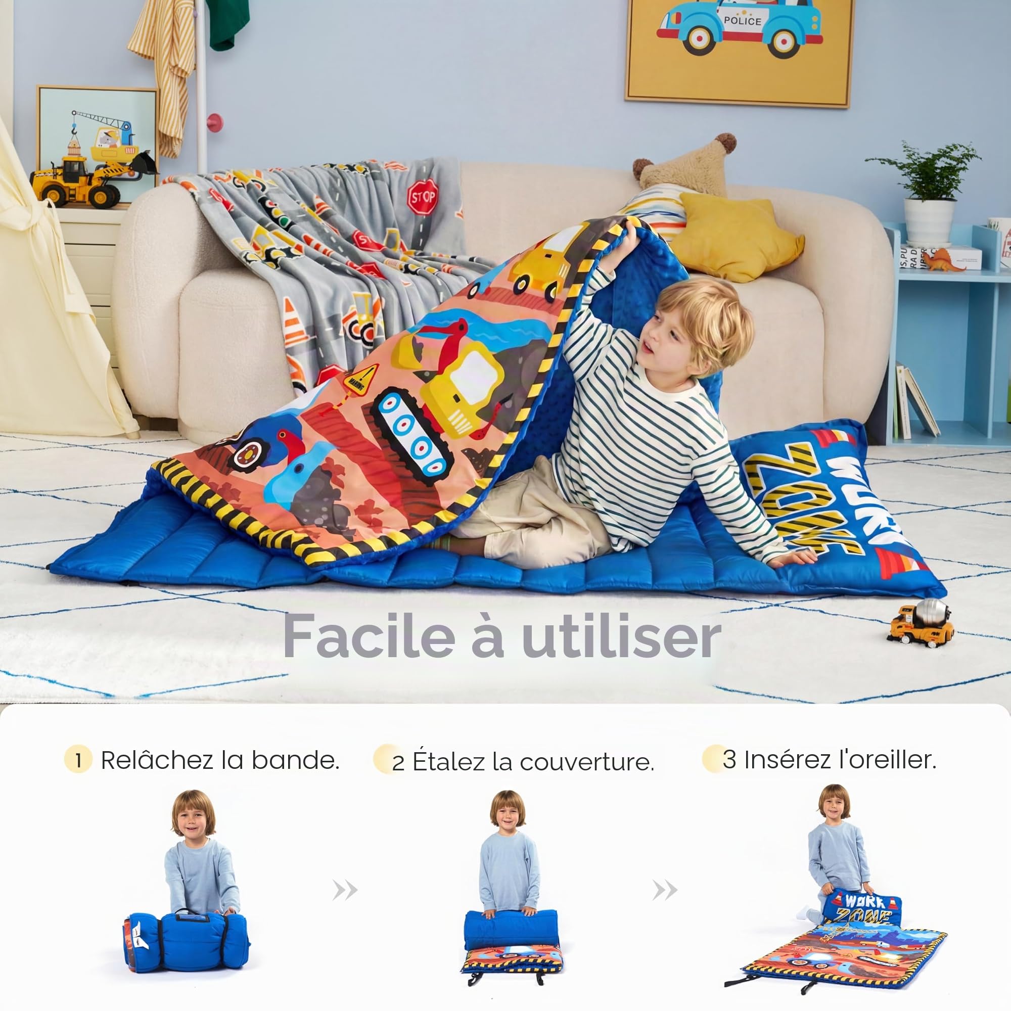 Joiedomi Tapis de Couchage pour Tout-Petits avec Oreiller et Couverture, Tapis de Couchage Enroulable pour Le Milieu préscolaire, pour garçons et Filles, Maternelle, Nuit de 3 à 7 Ans