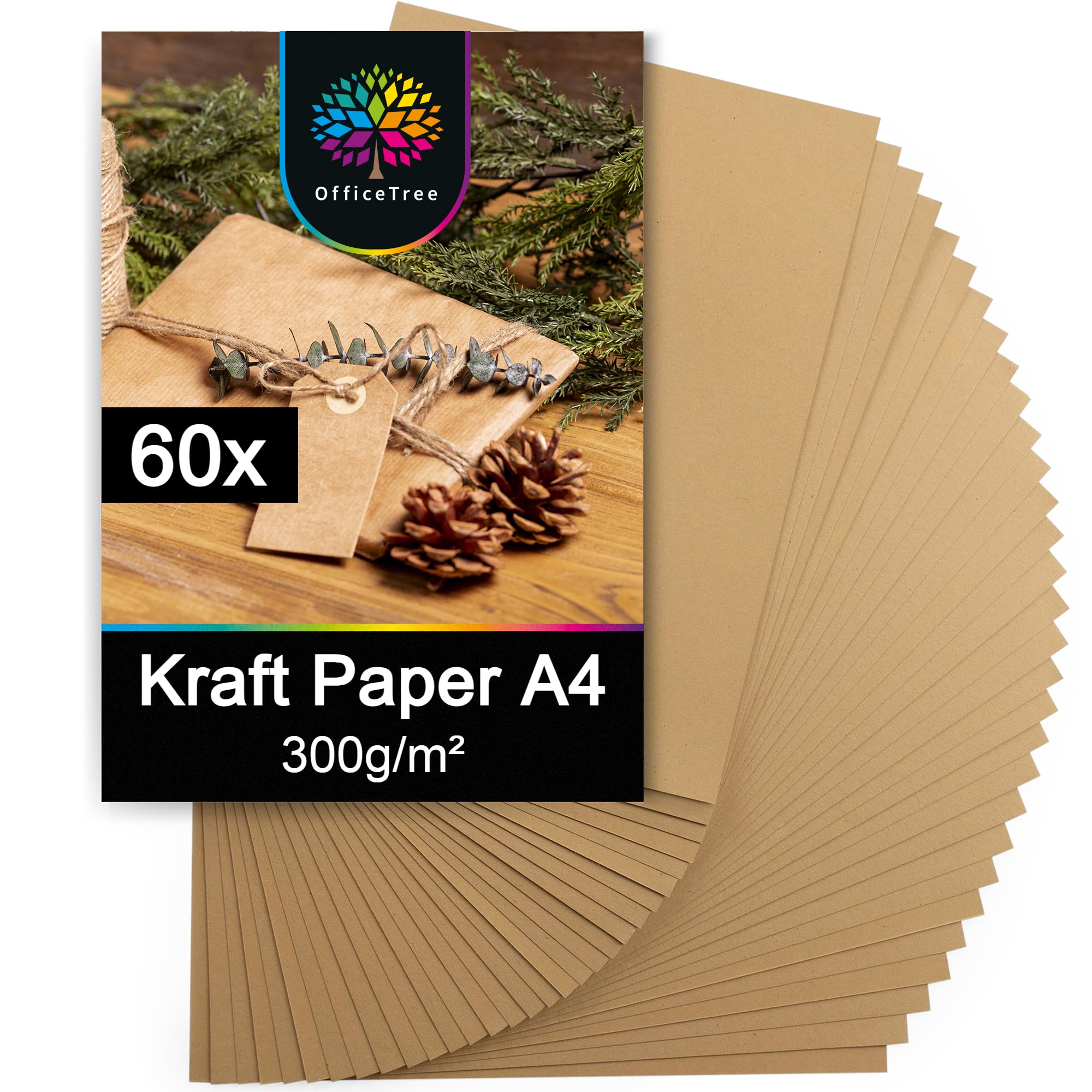 OfficeTree 60x Brown Paper A4 – 300 GSM - Kraft Paper A4 for Crafts and Printer - Kraft Card for Gift Wrapping, DIY, Crafts - Brown Craft Card for Crafting